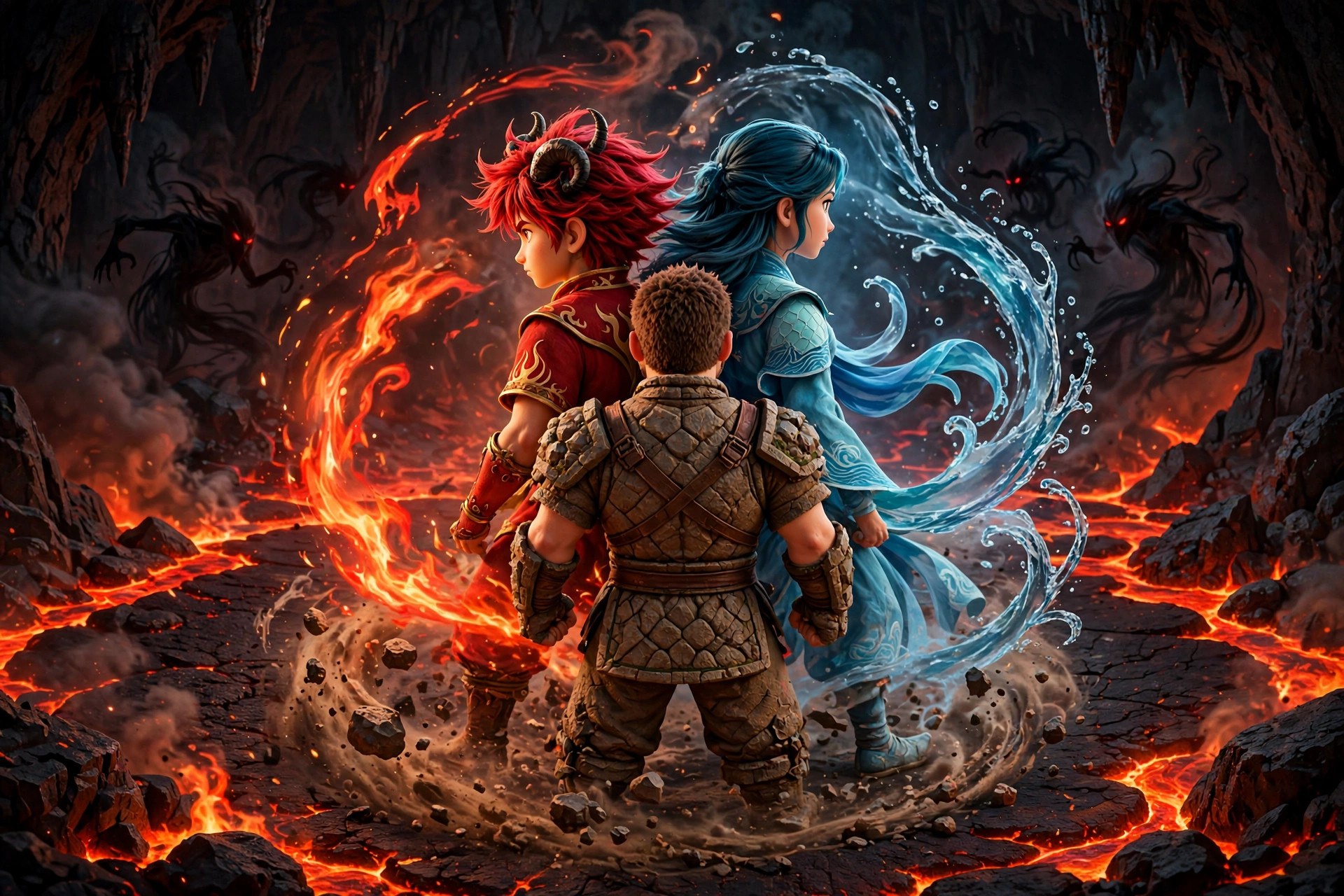 AI-generated dramatization art of the Fire Martial Artist back-to-back with a water-style fighter and an earth-style fighter