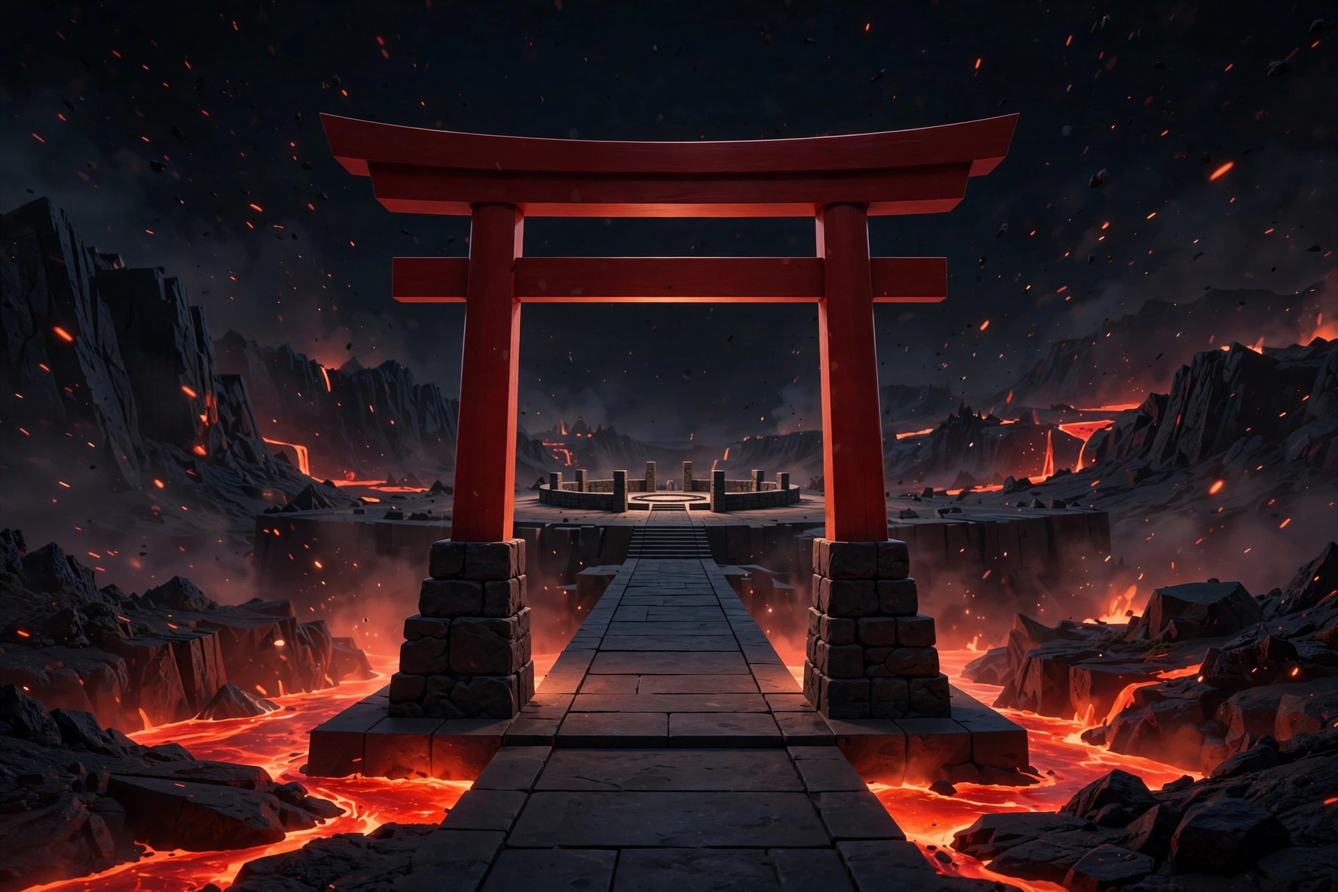 AI-generated dramatization art of a red torii-style volcanic dojo gate at night against a lava-lit black sky