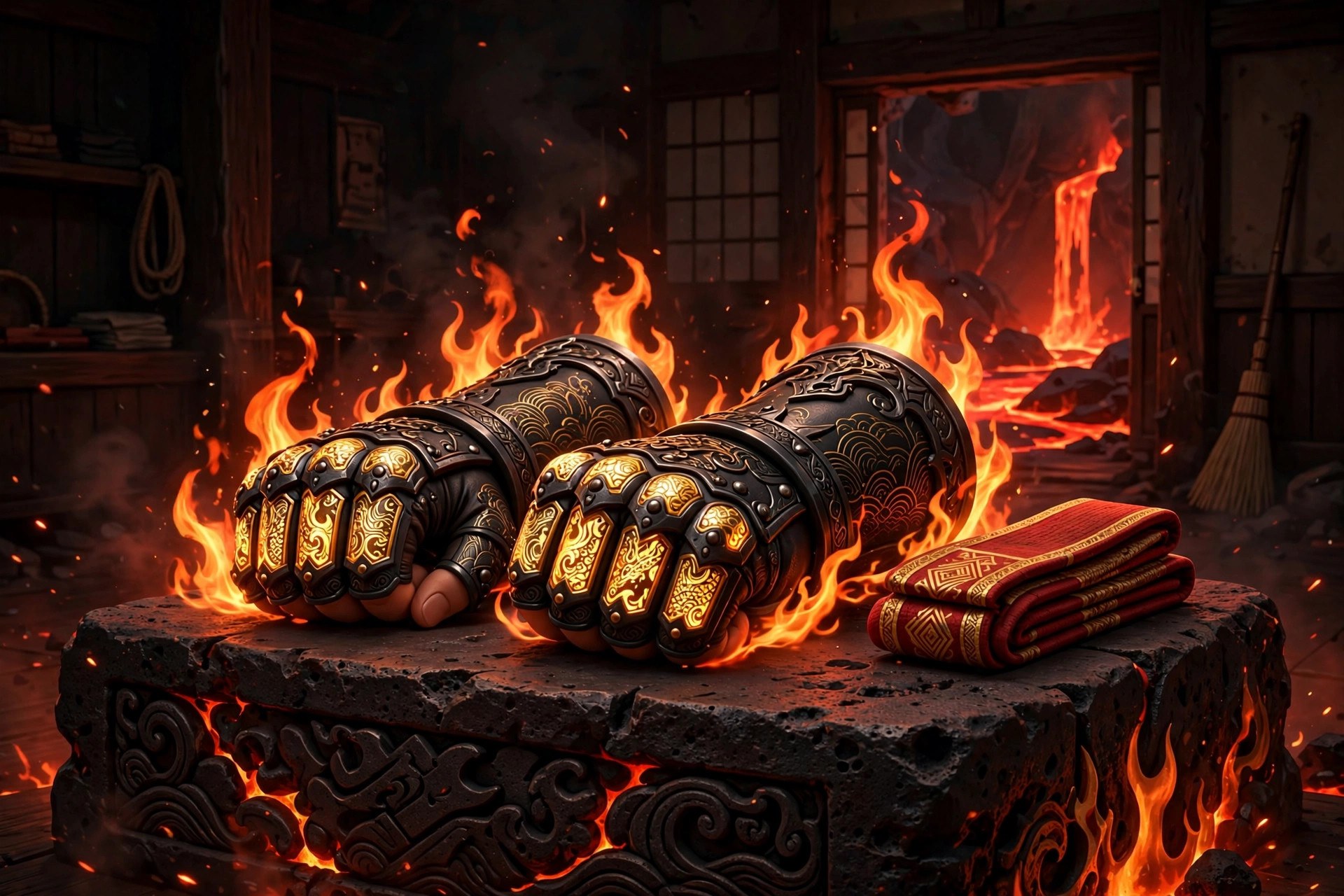 AI-generated dramatization art of flame-wreathed black-metal gauntlets on a volcanic stone pedestal beside a folded crimson belt