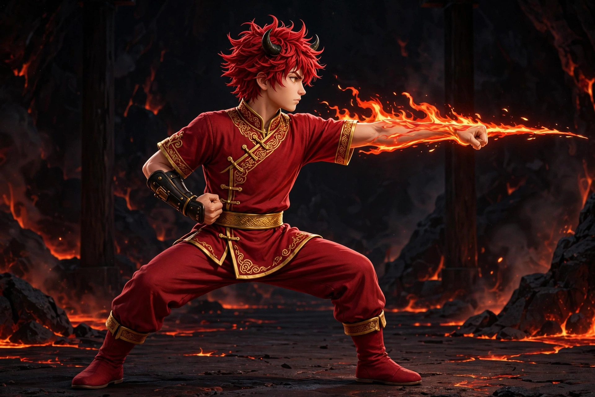 AI-generated dramatization art of the Fire Martial Artist in a disciplined horse stance, a clean arc of flame tracing his extended arm