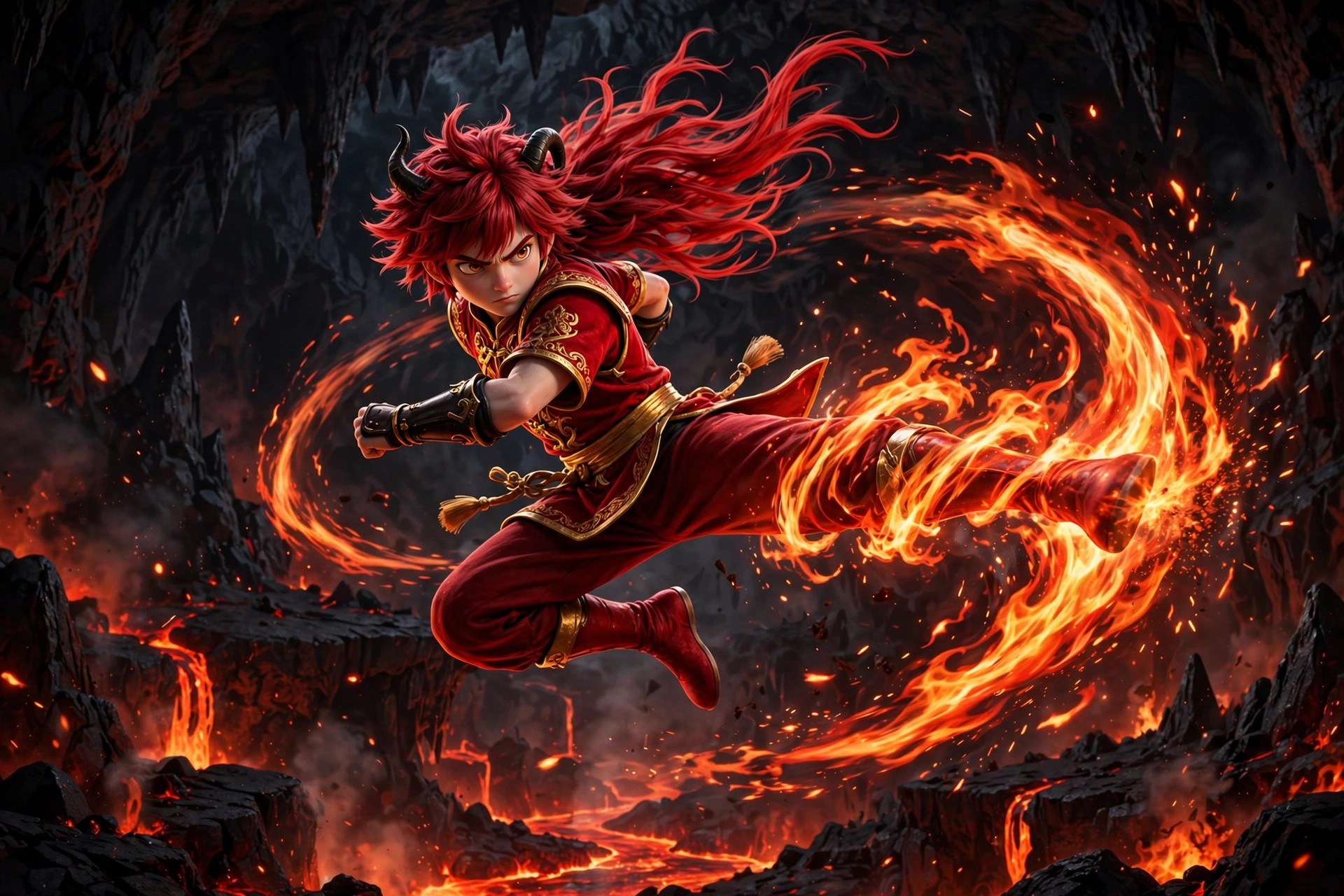 AI-generated dramatization art of the Fire Martial Artist mid-air in a spinning fire kick, flames spiraling around his leg