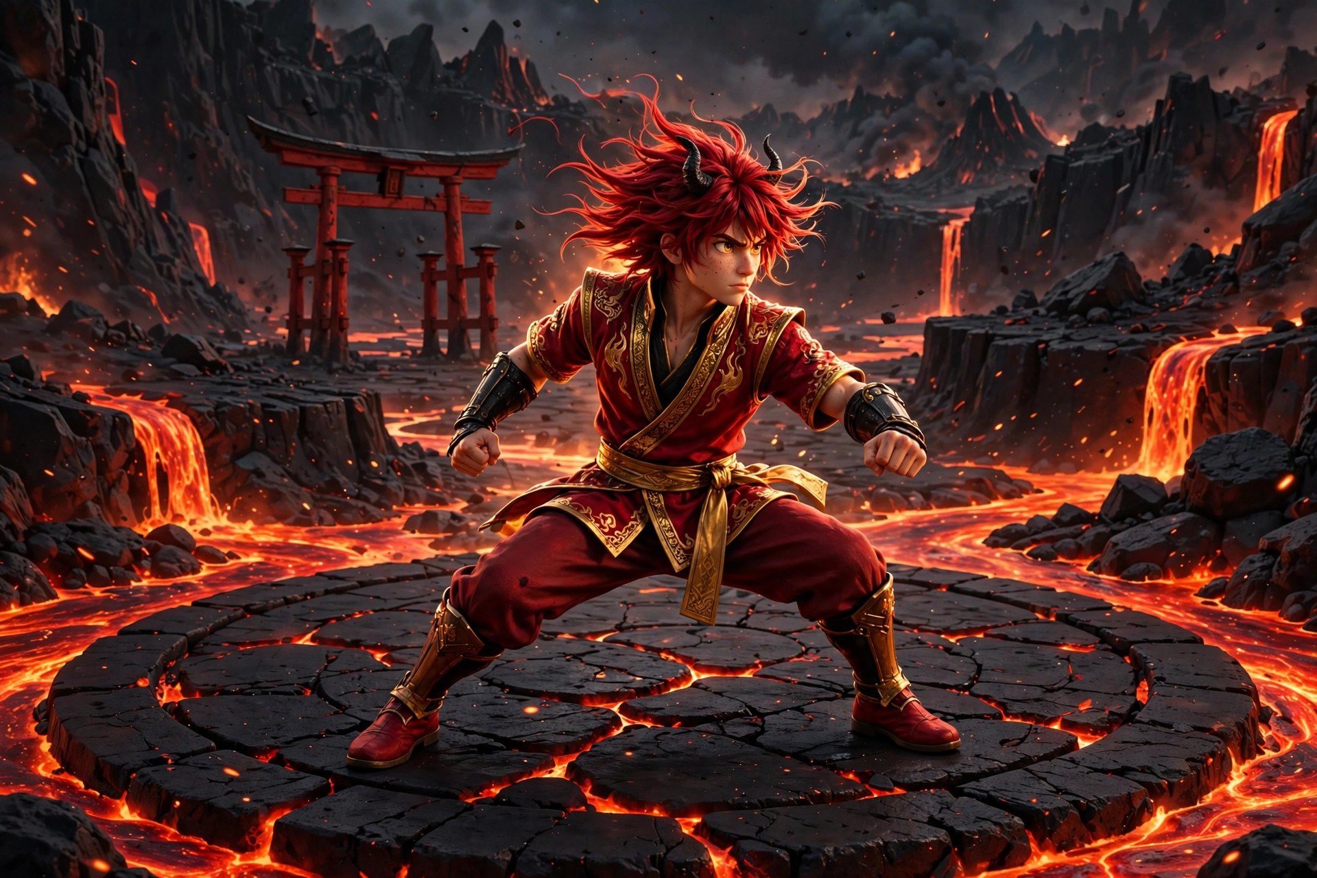 AI-generated dramatization art of the Fire Martial Artist in a low fighting stance on a lava-veined stone arena, a red torii-style gate behind him