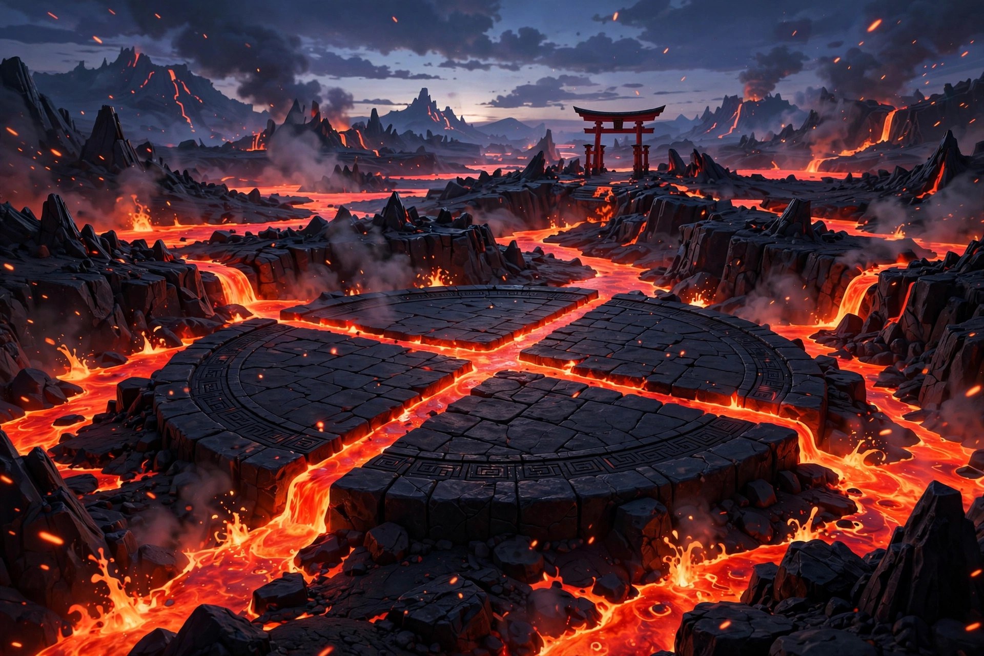 AI-generated dramatization art of the vast empty lava arena dojo at dusk