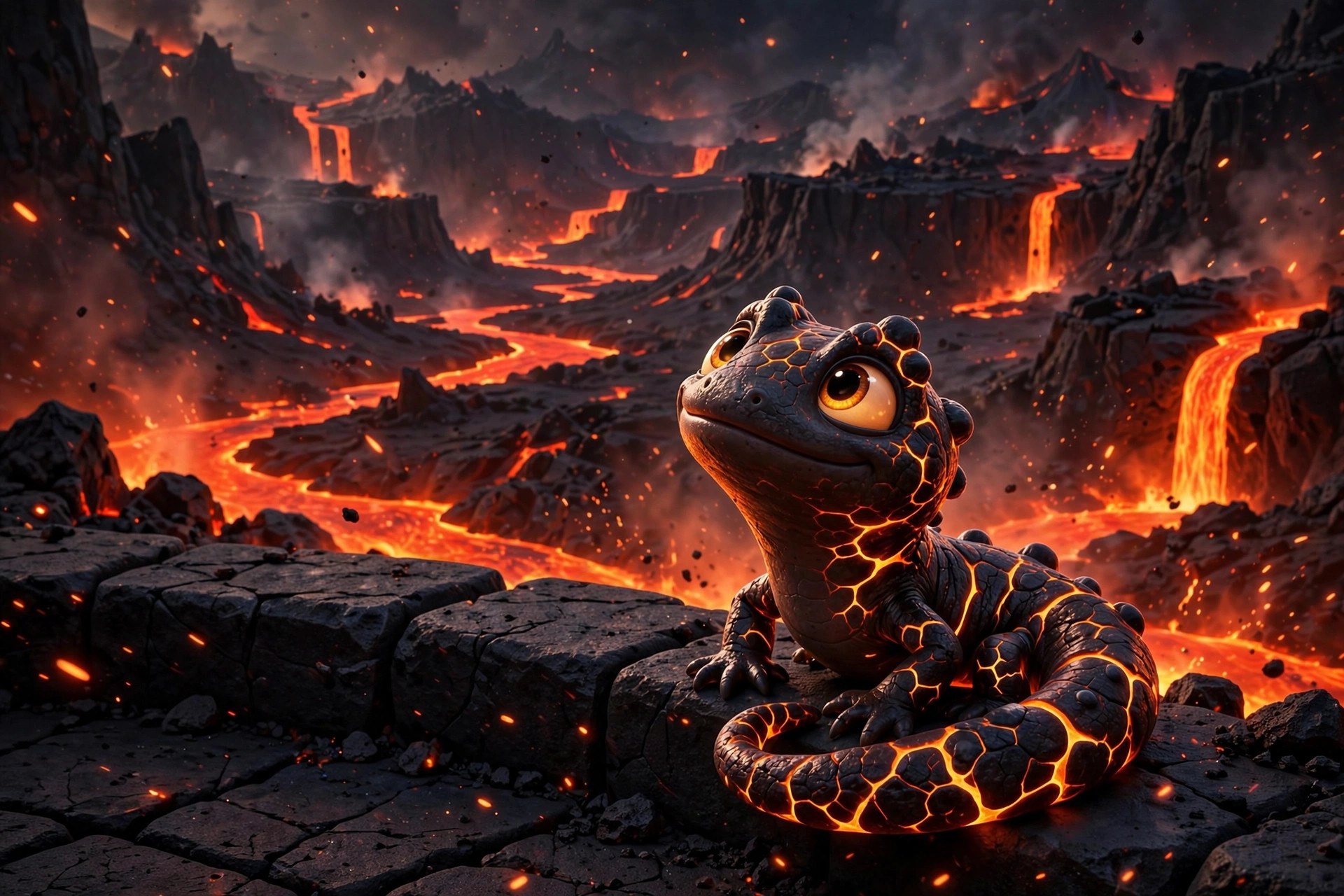 AI-generated dramatization art of a small lava salamander of living magma with glowing cracks, coiled at the arena's edge