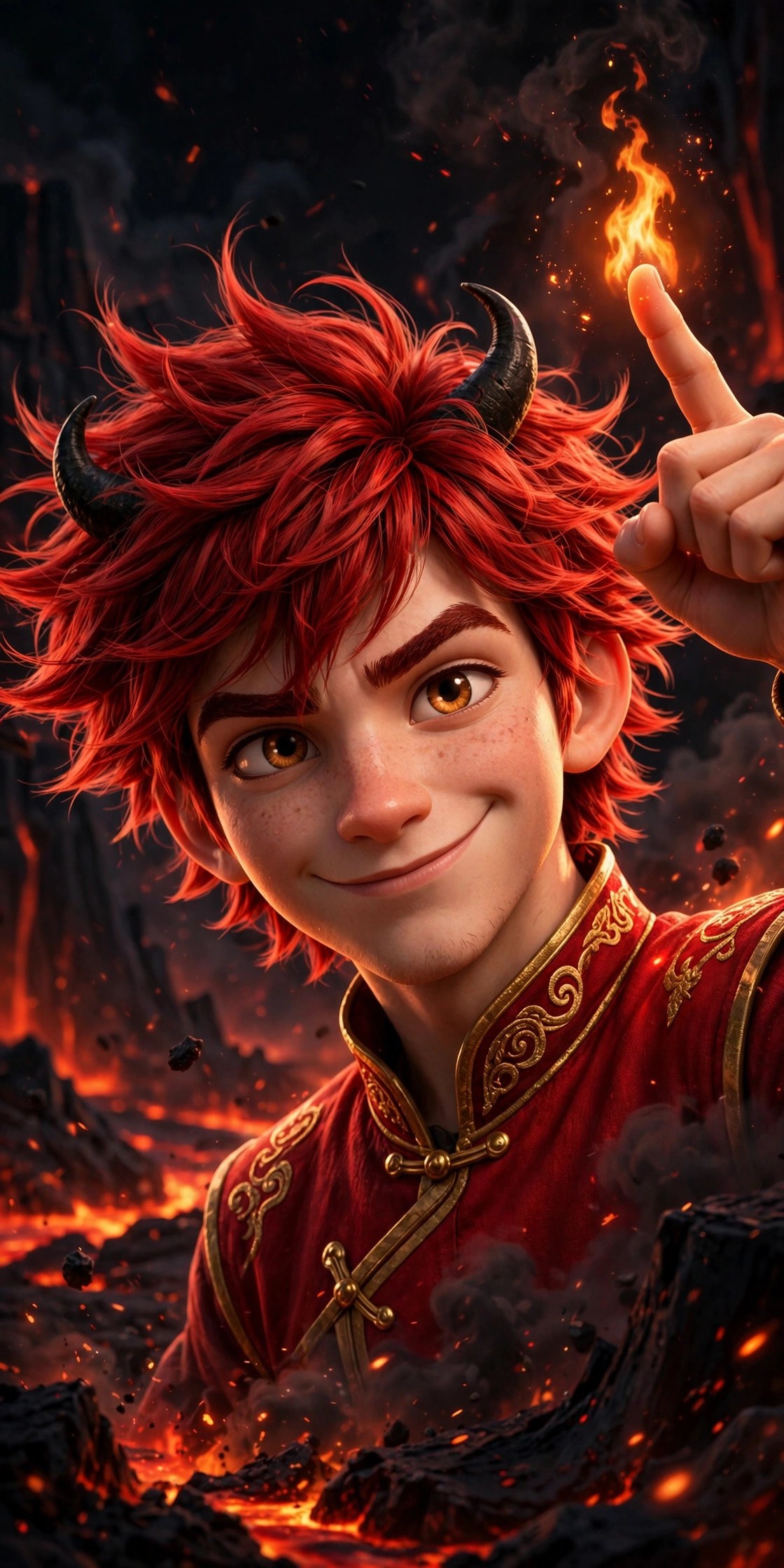 AI-generated dramatization art close portrait of the Fire Martial Artist smirking with a small flame dancing above his fingertip