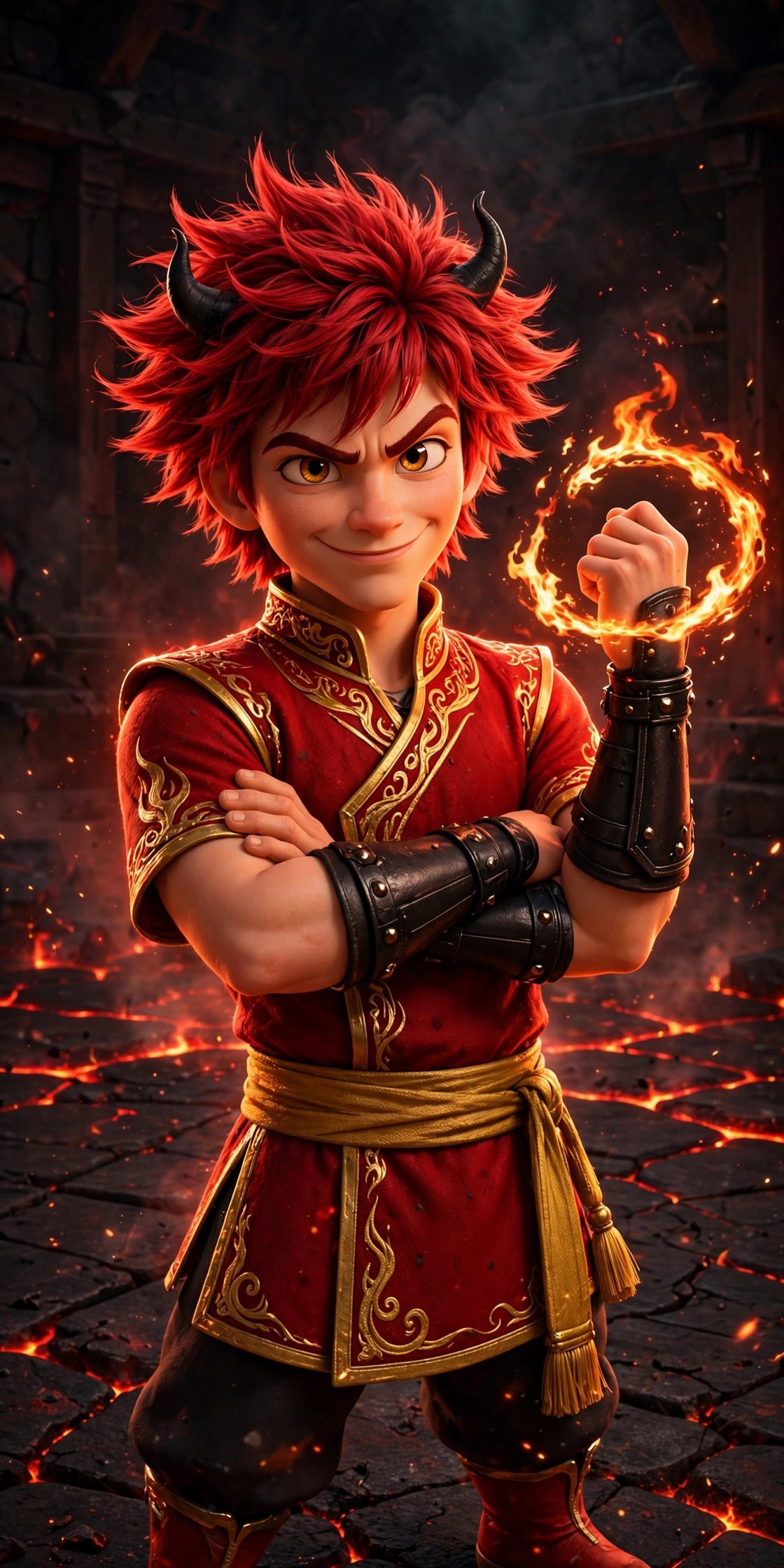 AI-generated dramatization art portrait of the Fire Martial Artist with arms crossed and a confident grin