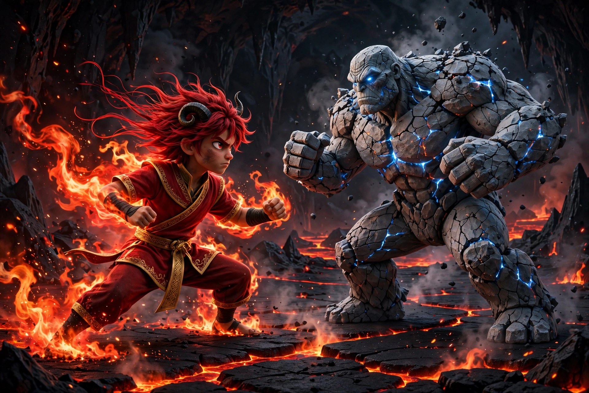 AI-generated dramatization art of the Fire Martial Artist in a flame-wreathed stance facing a towering ash-stone rival