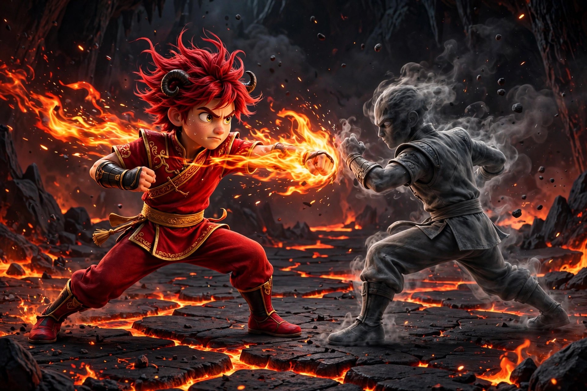 AI-generated dramatization art of the Fire Martial Artist sparring with a shadowy training partner, flames trailing his punch