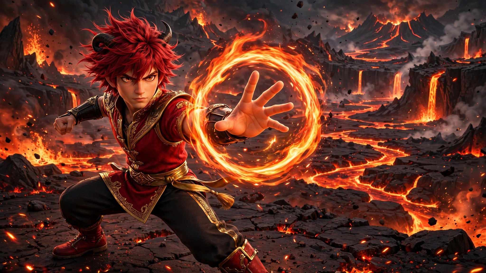 AI-generated dramatization art wide banner of the Fire Martial Artist conjuring a ring of fire in the lava arena