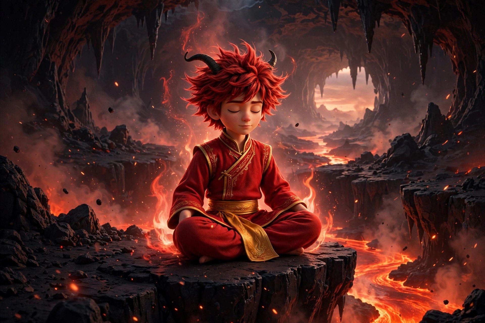 AI-generated dramatization art of the Fire Martial Artist meditating above a lava river at dawn