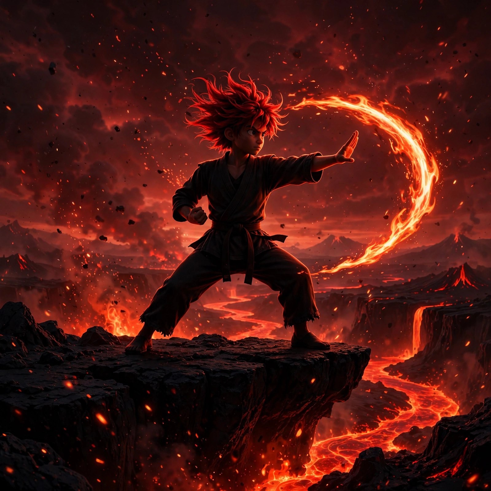 AI-generated art of the Fire Martial Artist training kata as a silhouette at dawn above a lava river