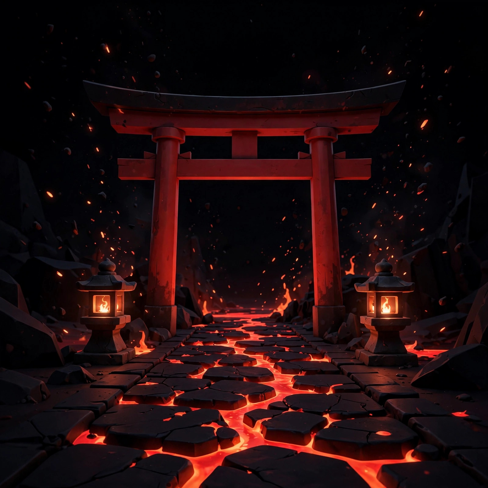 AI-generated art of a red torii-style dojo gate at night with glowing lava cracks on the path