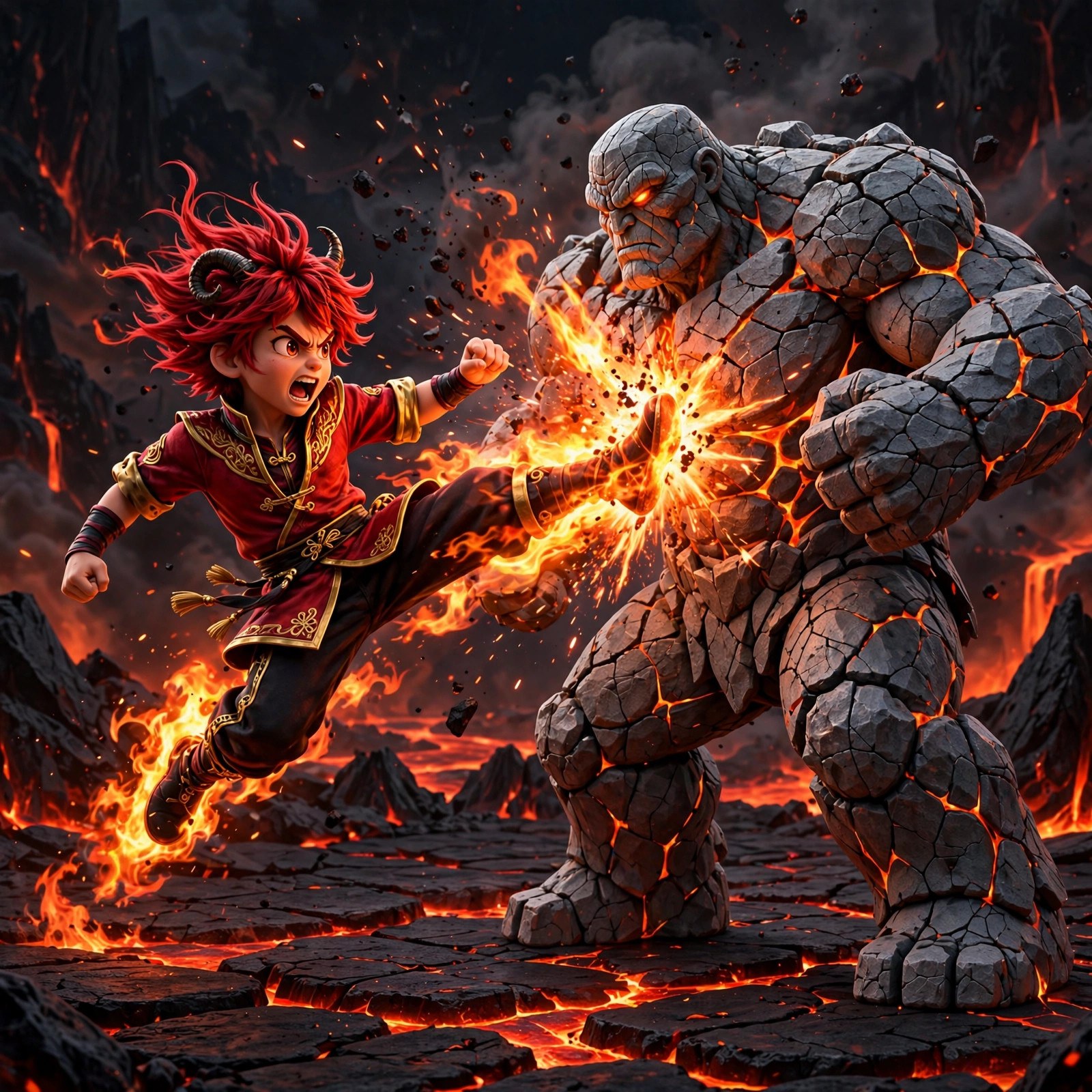 AI-generated dramatization art of the Fire Martial Artist launching a flaming flying kick at his ash-stone rival