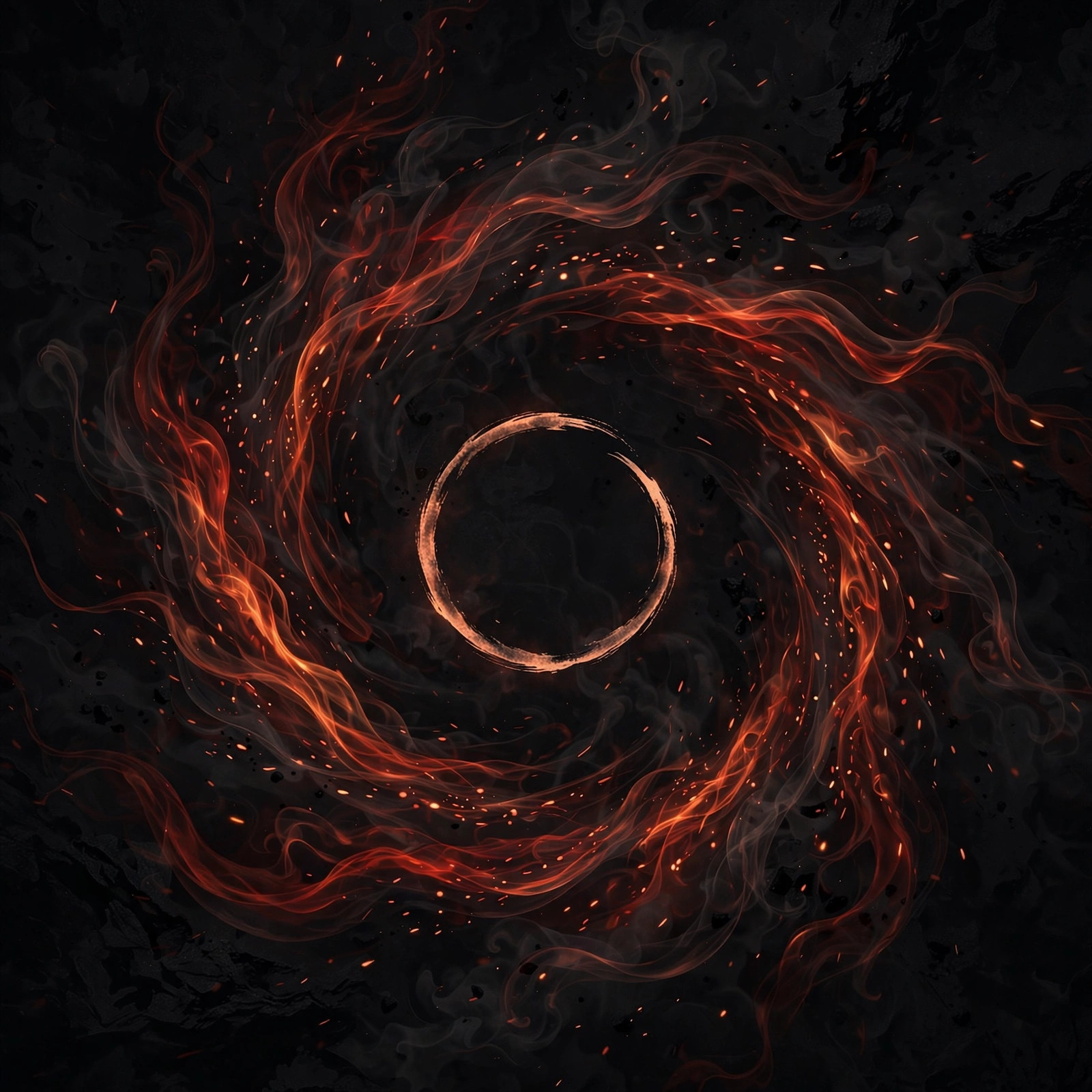 Abstract AI-generated artwork of a spiral of glowing embers on black