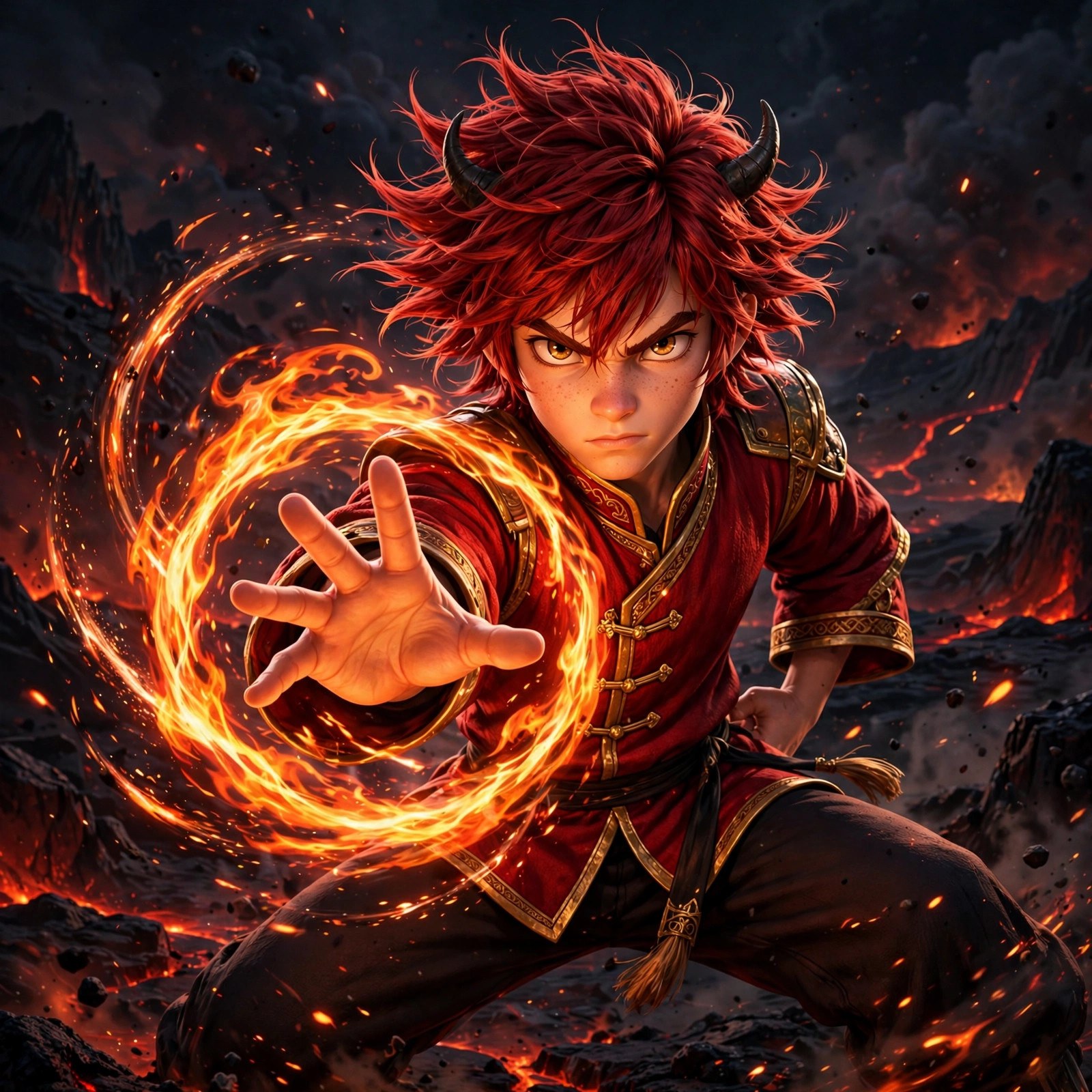 AI-generated art of the Fire Martial Artist conjuring a ring of swirling fire around his raised hand