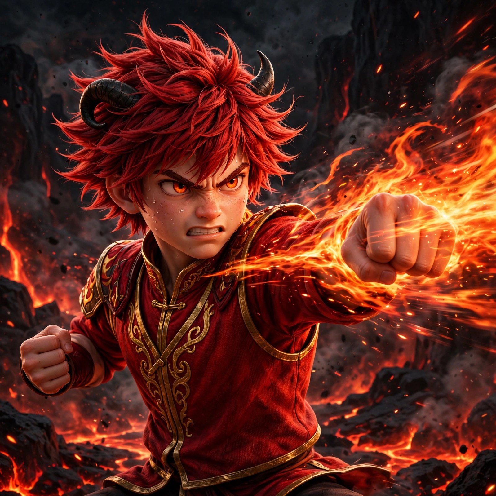 AI-generated art of the Fire Martial Artist landing a punch with a comet-trail of flame
