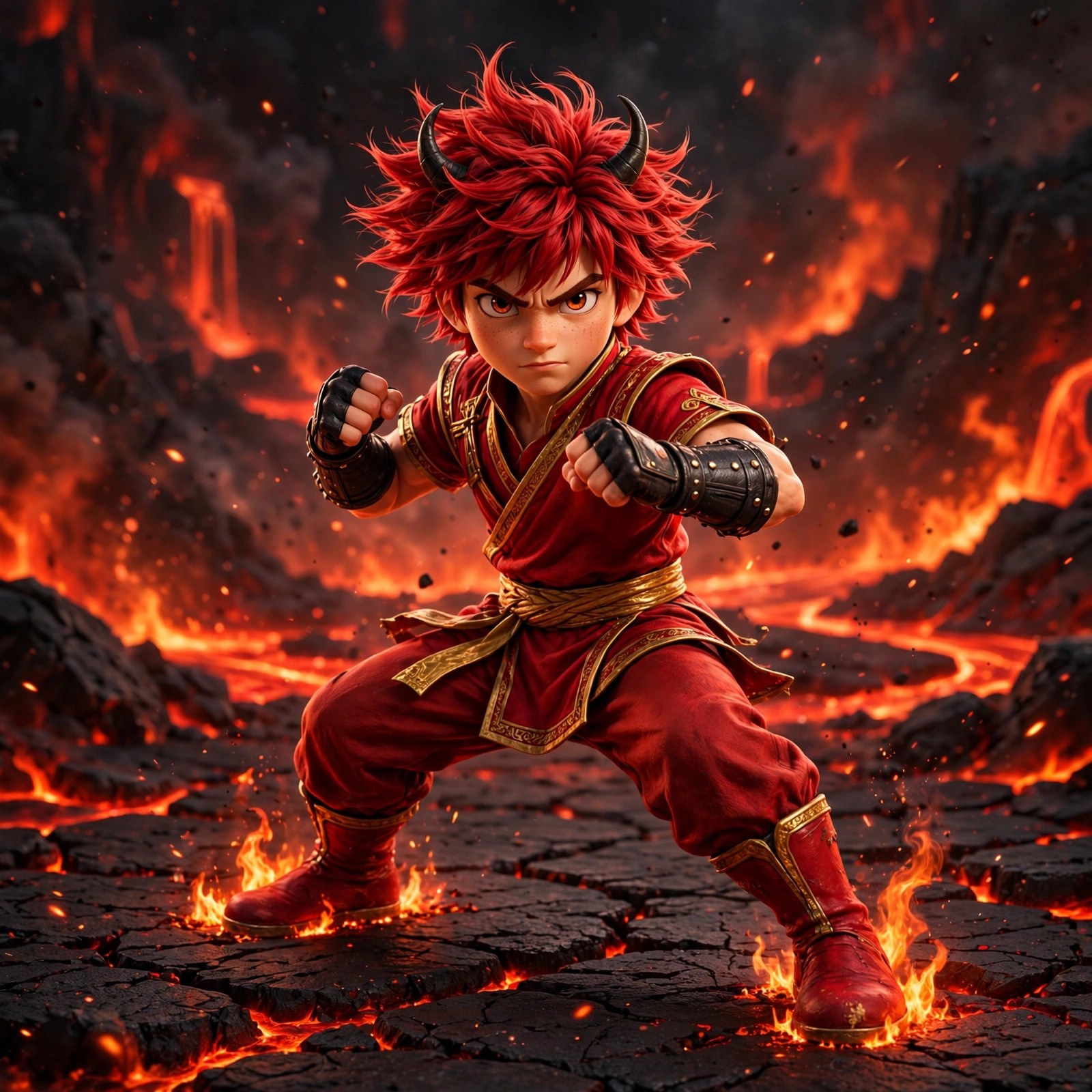 AI-generated full-body portrait of the Fire Martial Artist in his signature fighting stance
