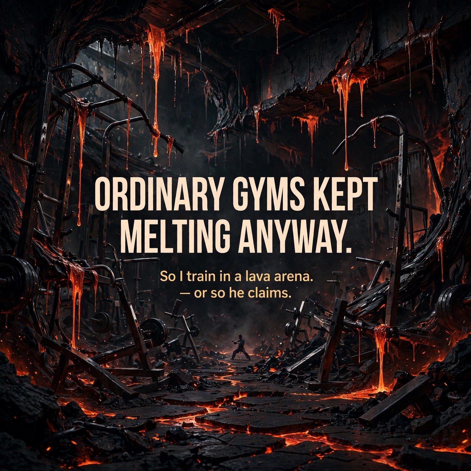 Quote card reading "Ordinary gyms kept melting anyway. So I train in a lava arena. — or so he claims." over a ruined gym
