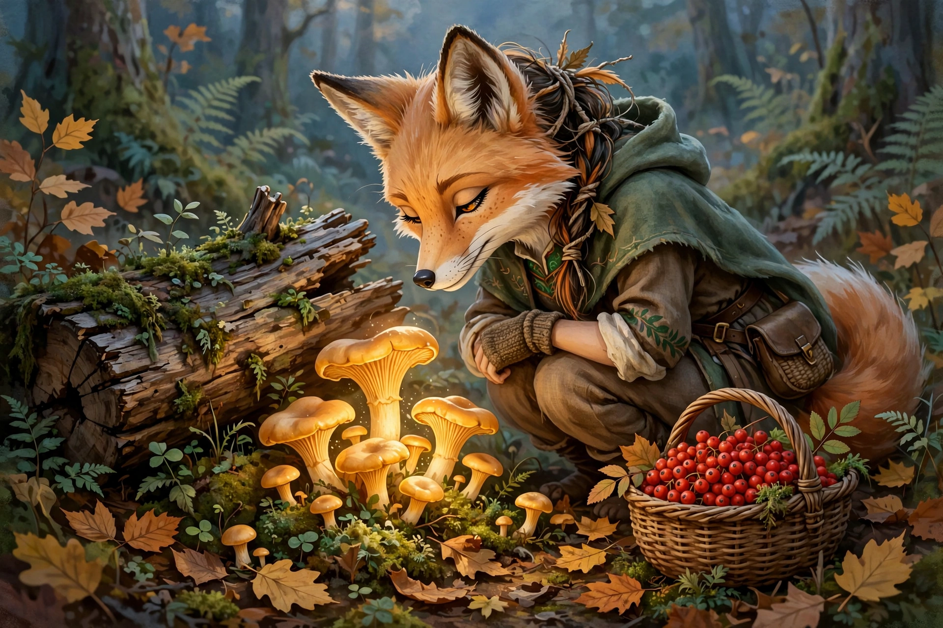 Fox Female foraging among mushrooms and berries