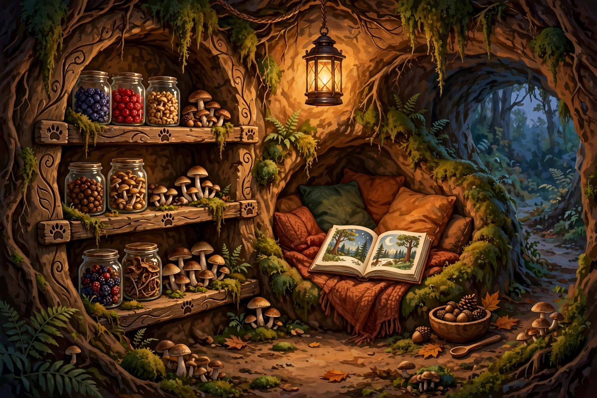 Cozy den interior with lantern glow and reading nook