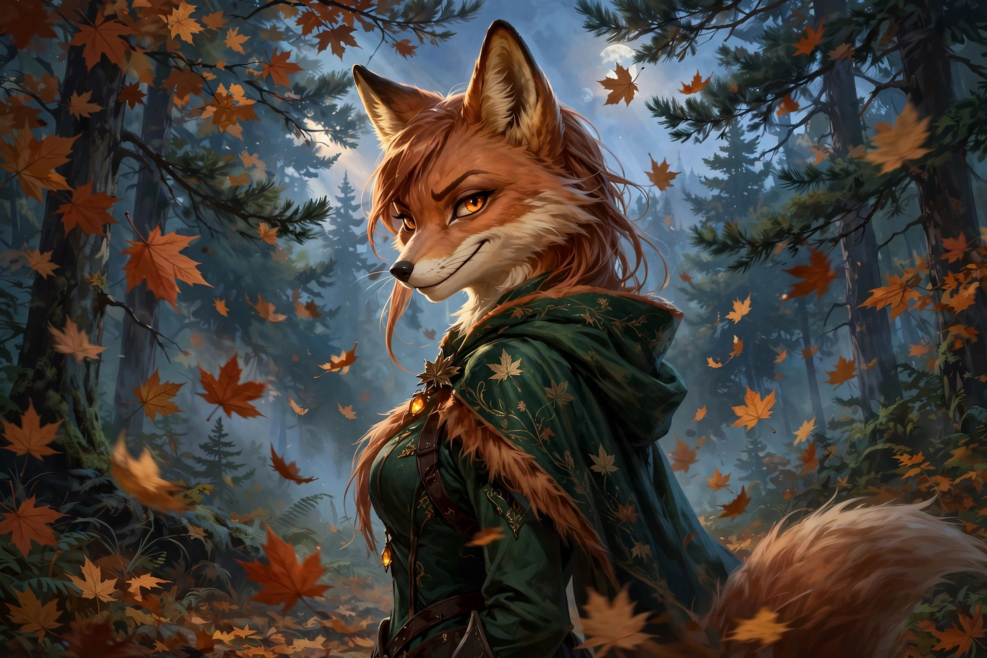 Fox Female, a russet fox woman, looks back with a sly smile in an autumn forest at dusk
