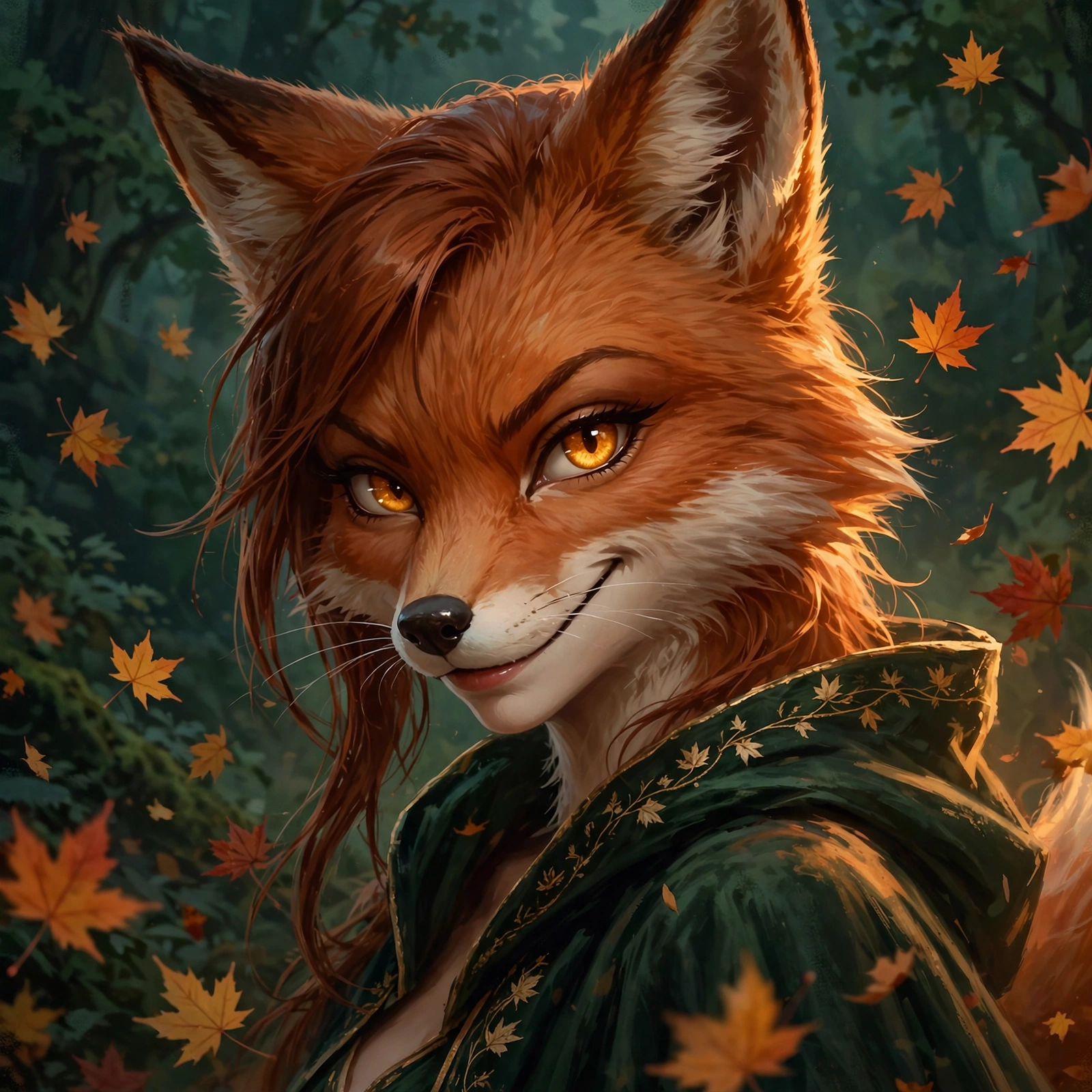 Close portrait with amber eyes among falling leaves