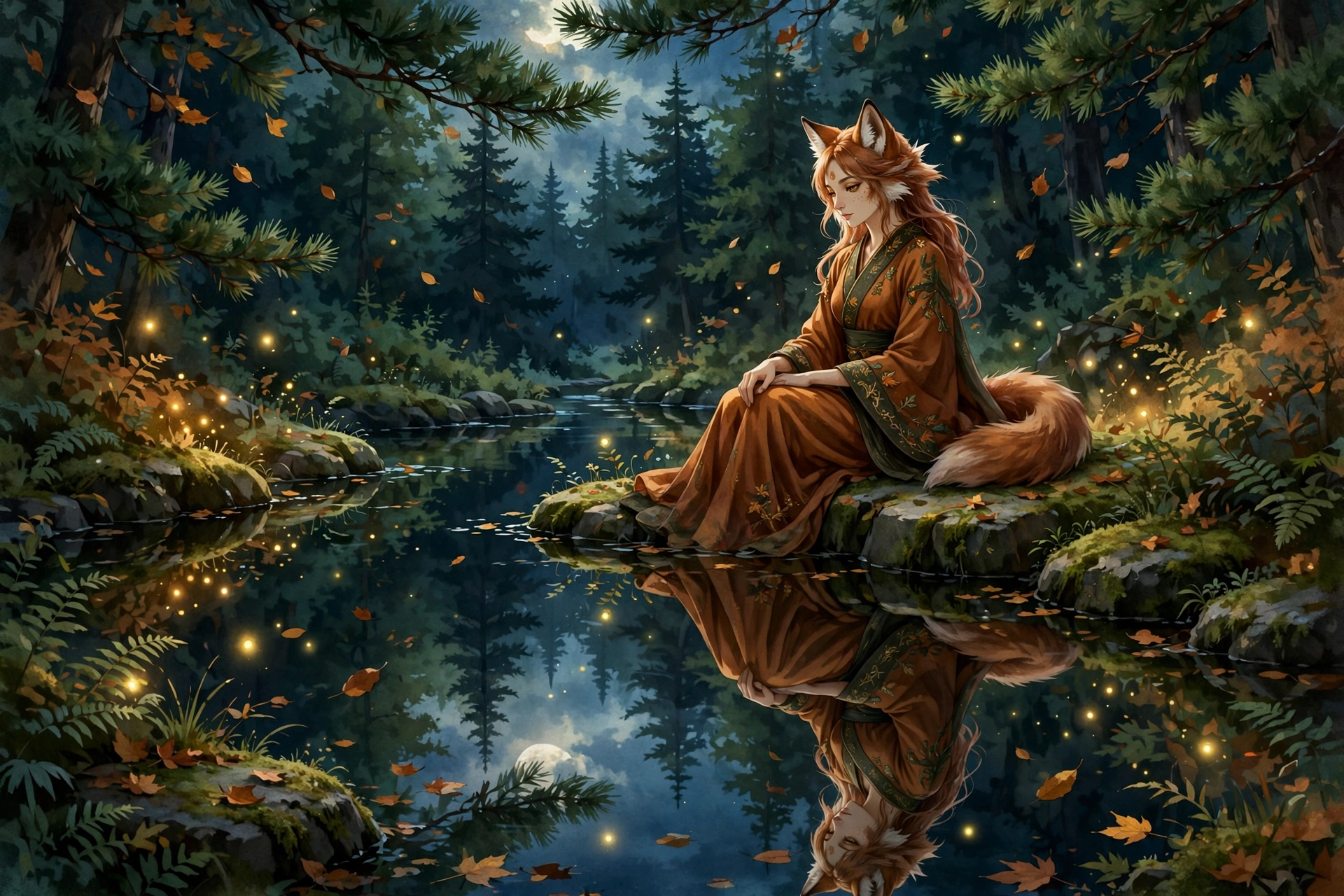 Fox Female by a moonlit pond