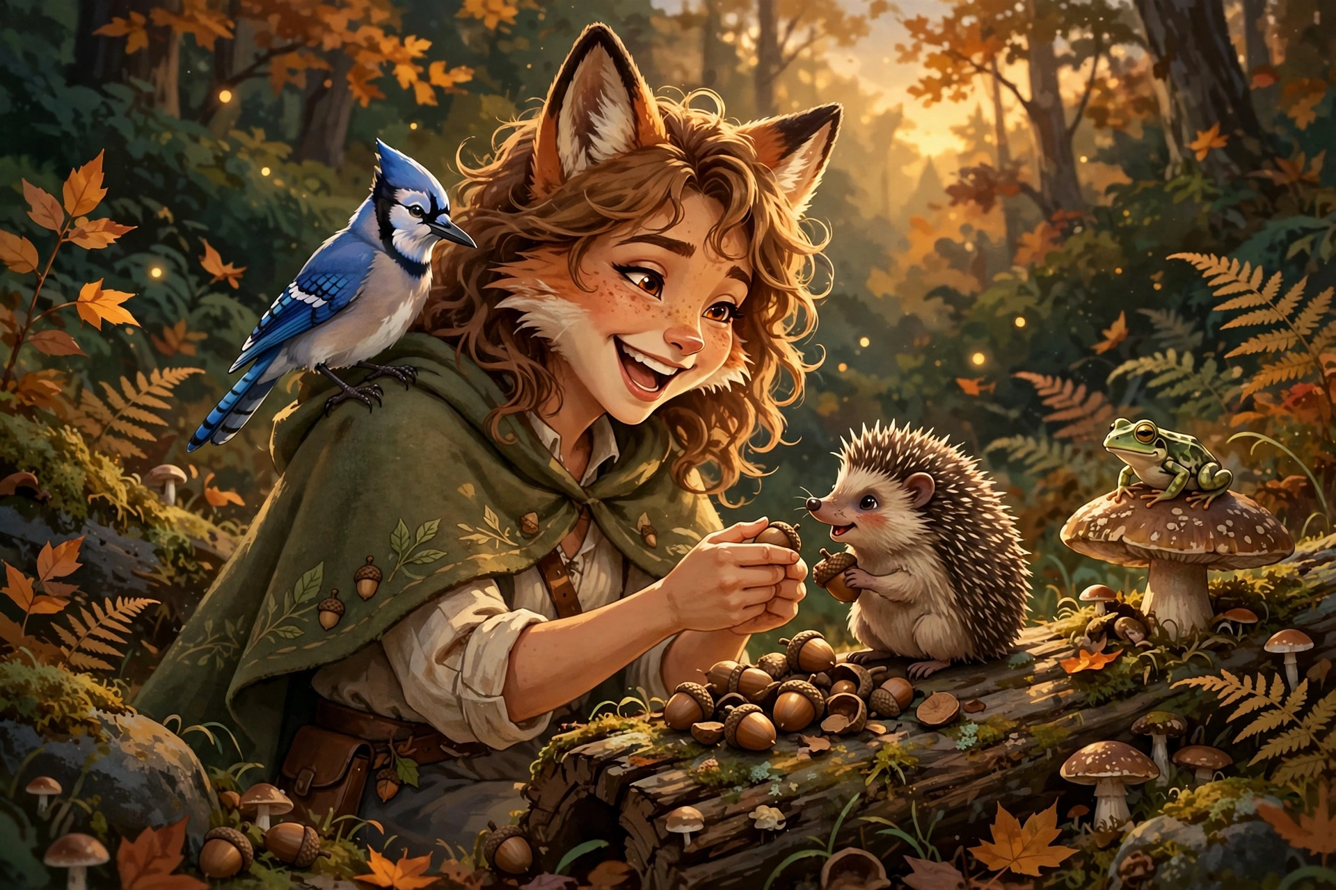 Laughing with hedgehog, jay, and frog on a log