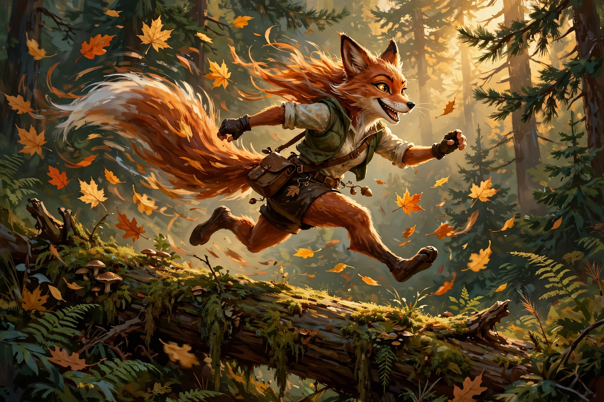 Mid-leap over a fallen log, leaves bursting
