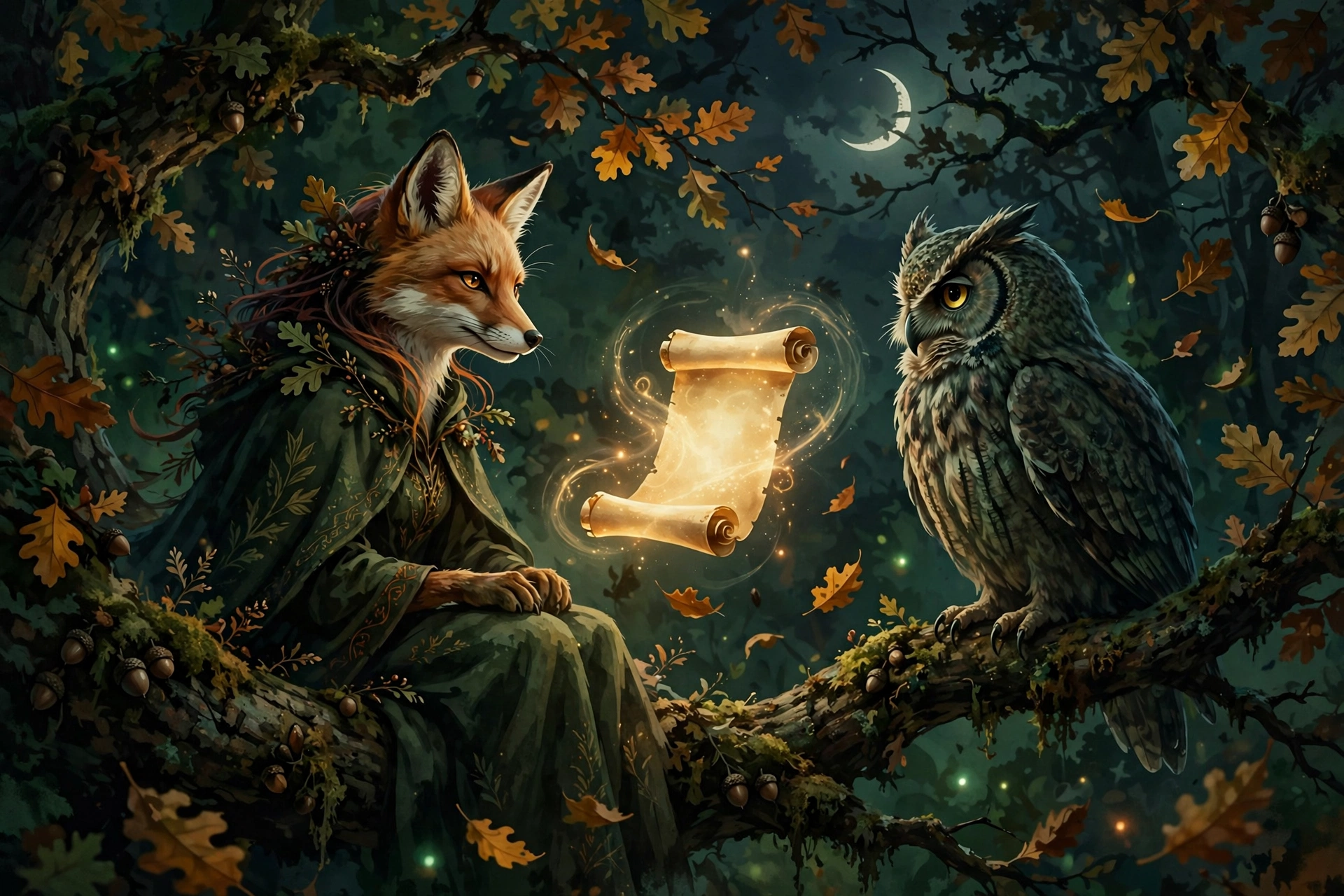 Fox and old owl facing off on an ancient oak at night