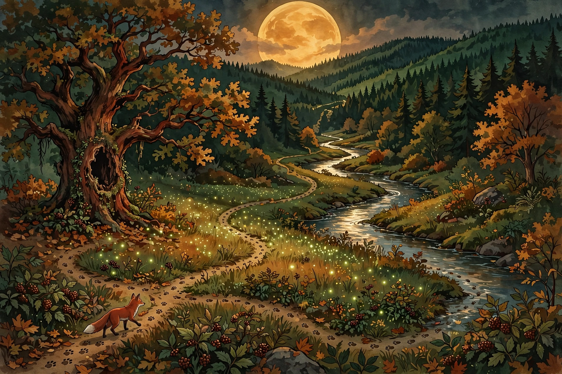 Moonlit territory with stream and paw-print trail