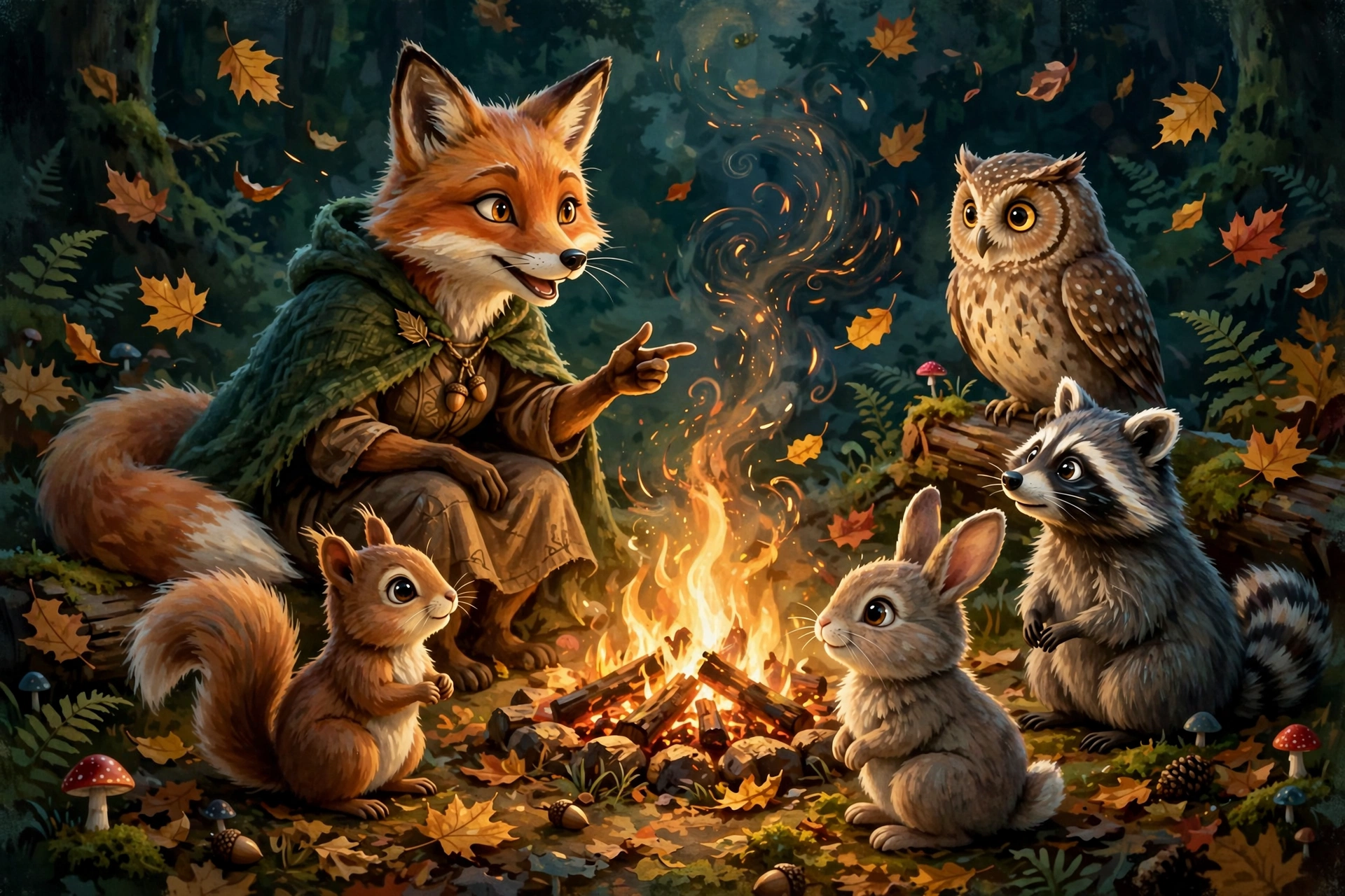 Storytelling to woodland animals around a campfire