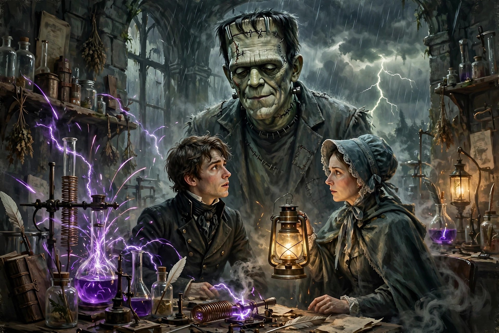 frankestein with a young scientist and a woman holding a lantern in the laboratory