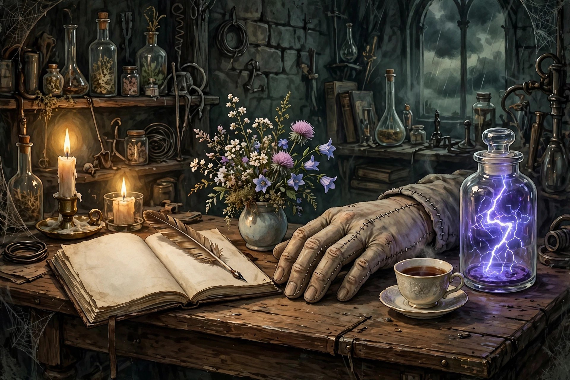 A candle-lit desk with a journal, wildflowers and frankestein's stitched hand by a teacup