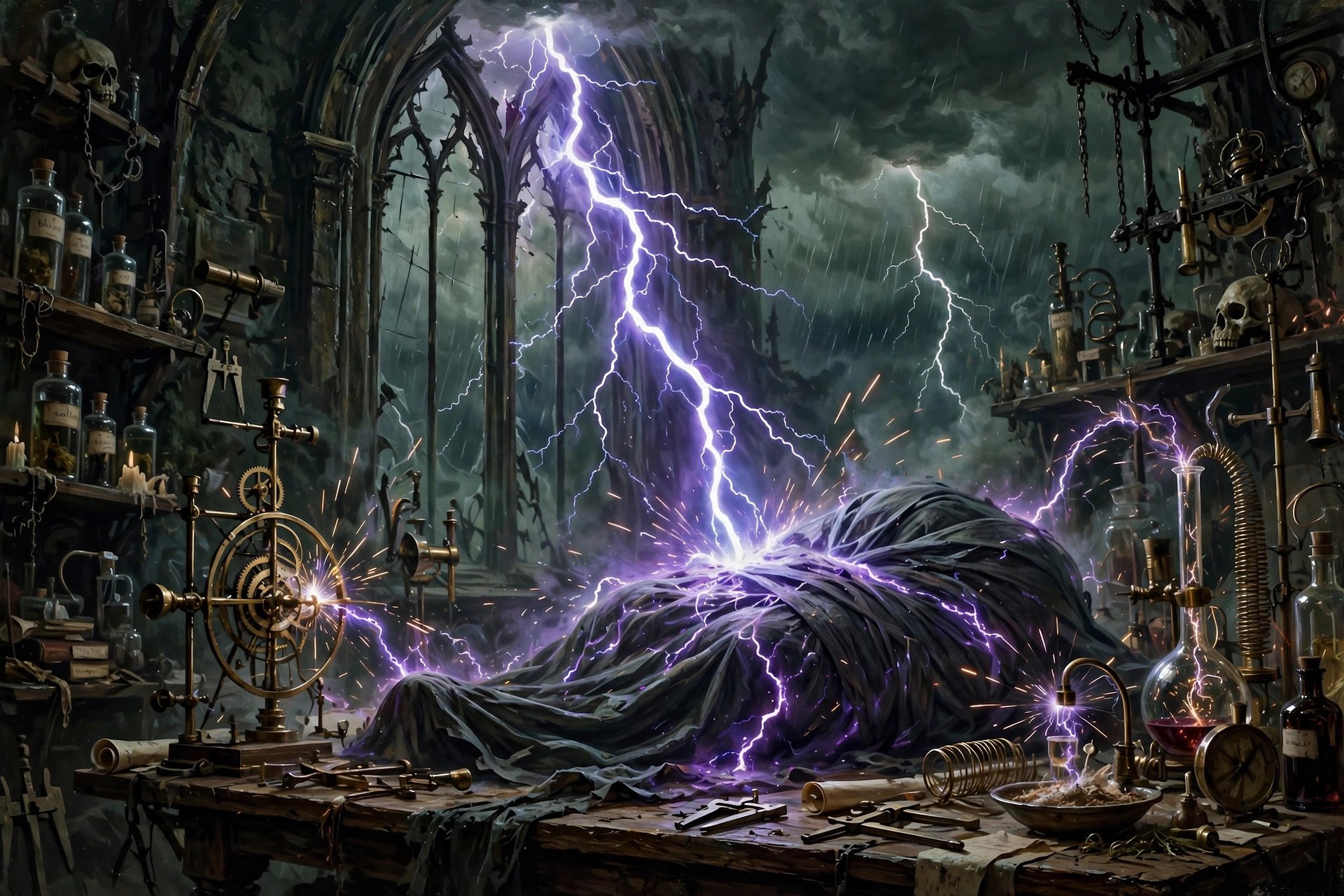 Lightning striking onto a shrouded figure on a laboratory table in a violet flash