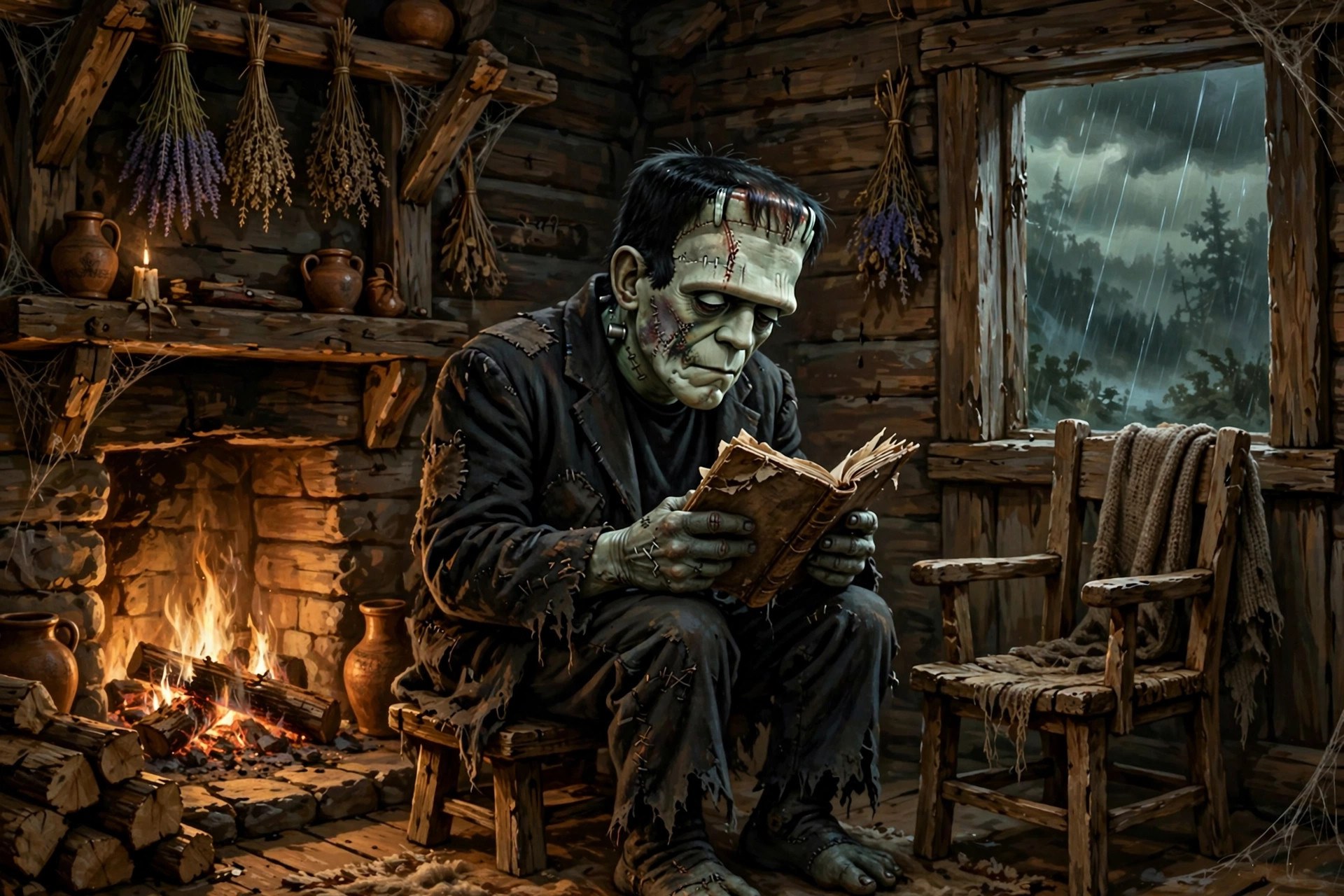 frankestein reading by a fireplace in a humble cottage
