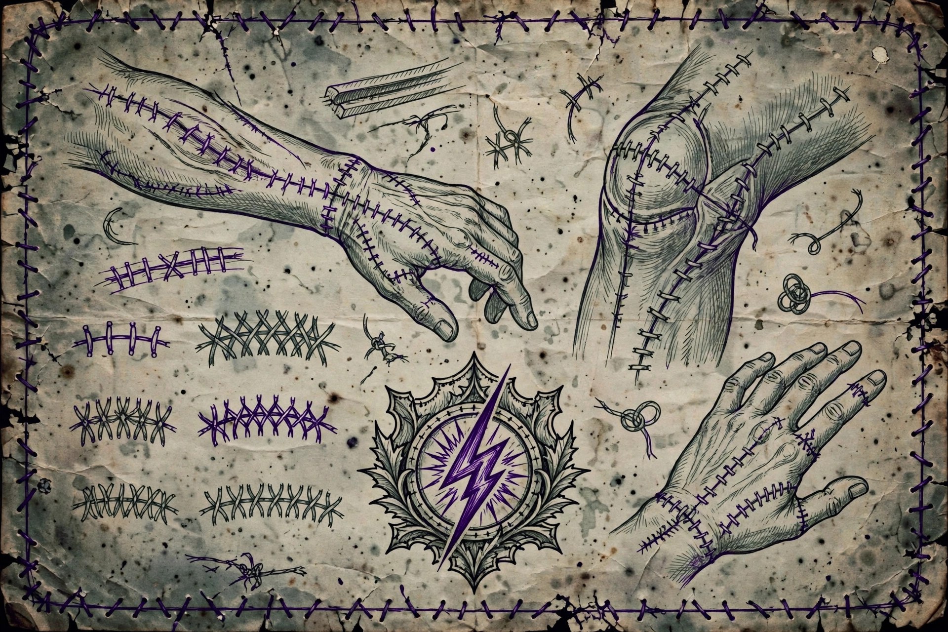 An antique anatomical sketch sheet with stitch patterns and a lightning emblem