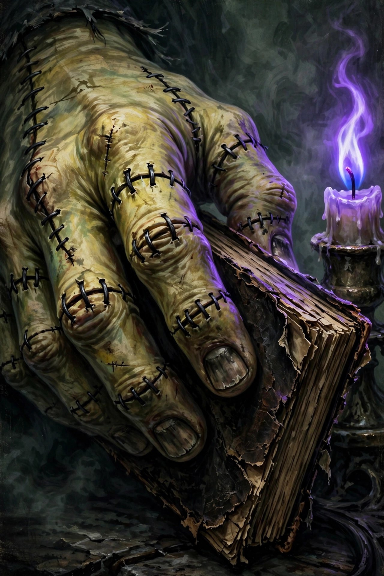 frankestein's huge stitched hand holding a tattered book beside a candle