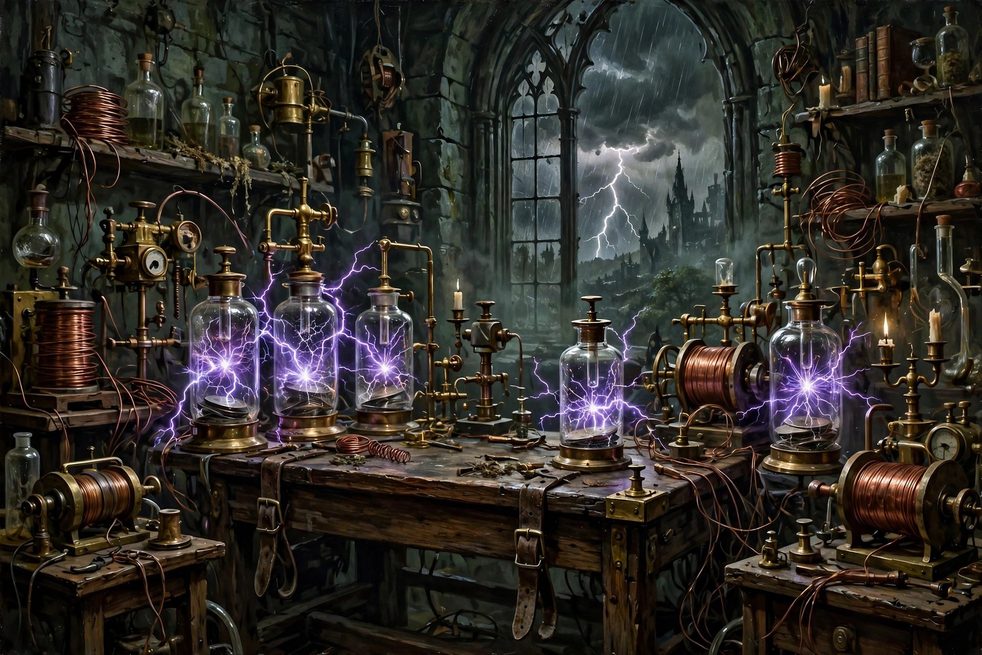 A gothic laboratory interior with an operating table and crackling electrical apparatus