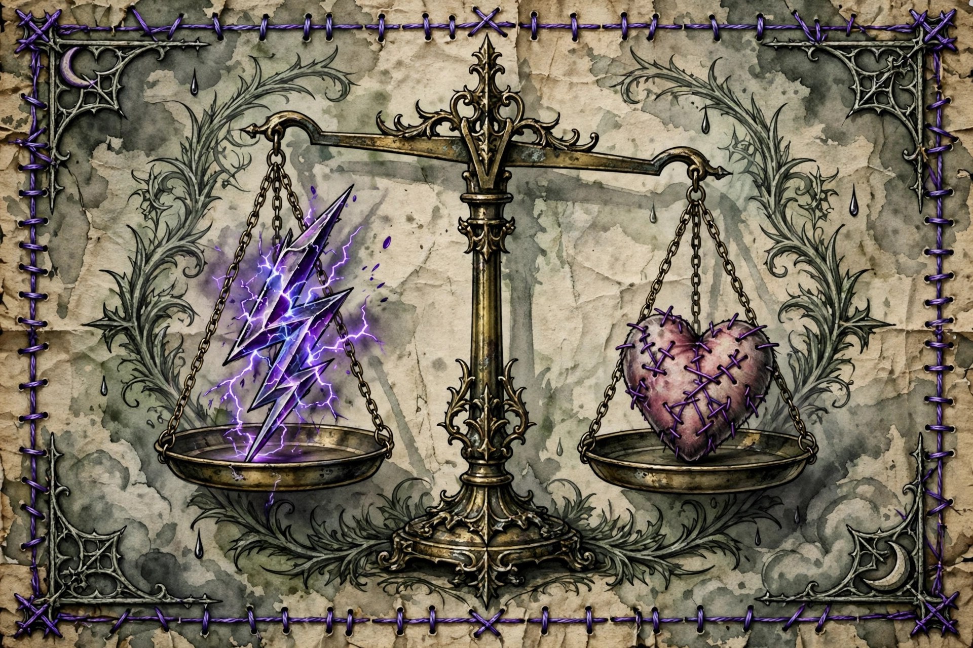 A brass balance scale holding a lightning bolt and a stitched heart