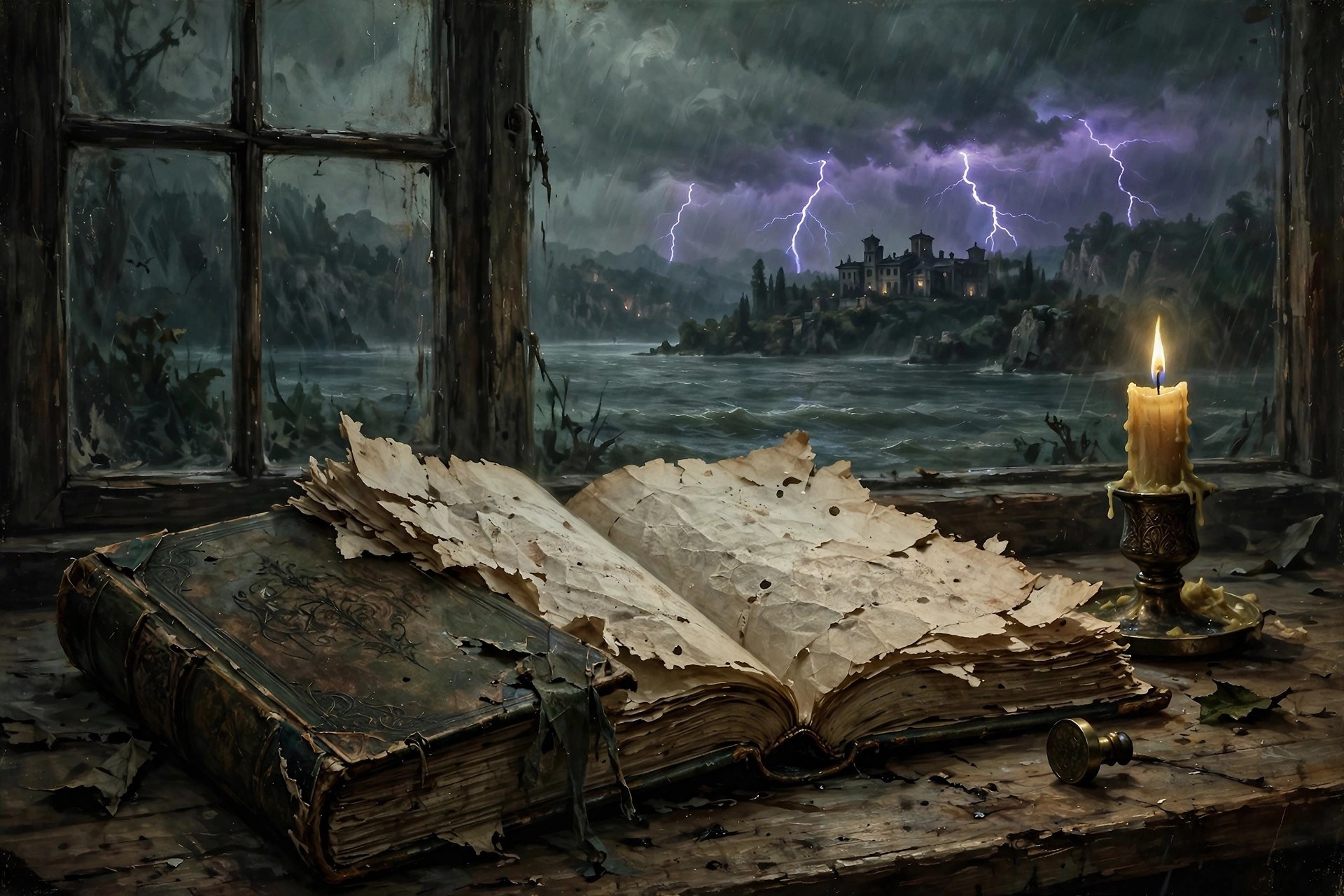 An open antique gothic novel on a desk with a stormy lake beyond the window