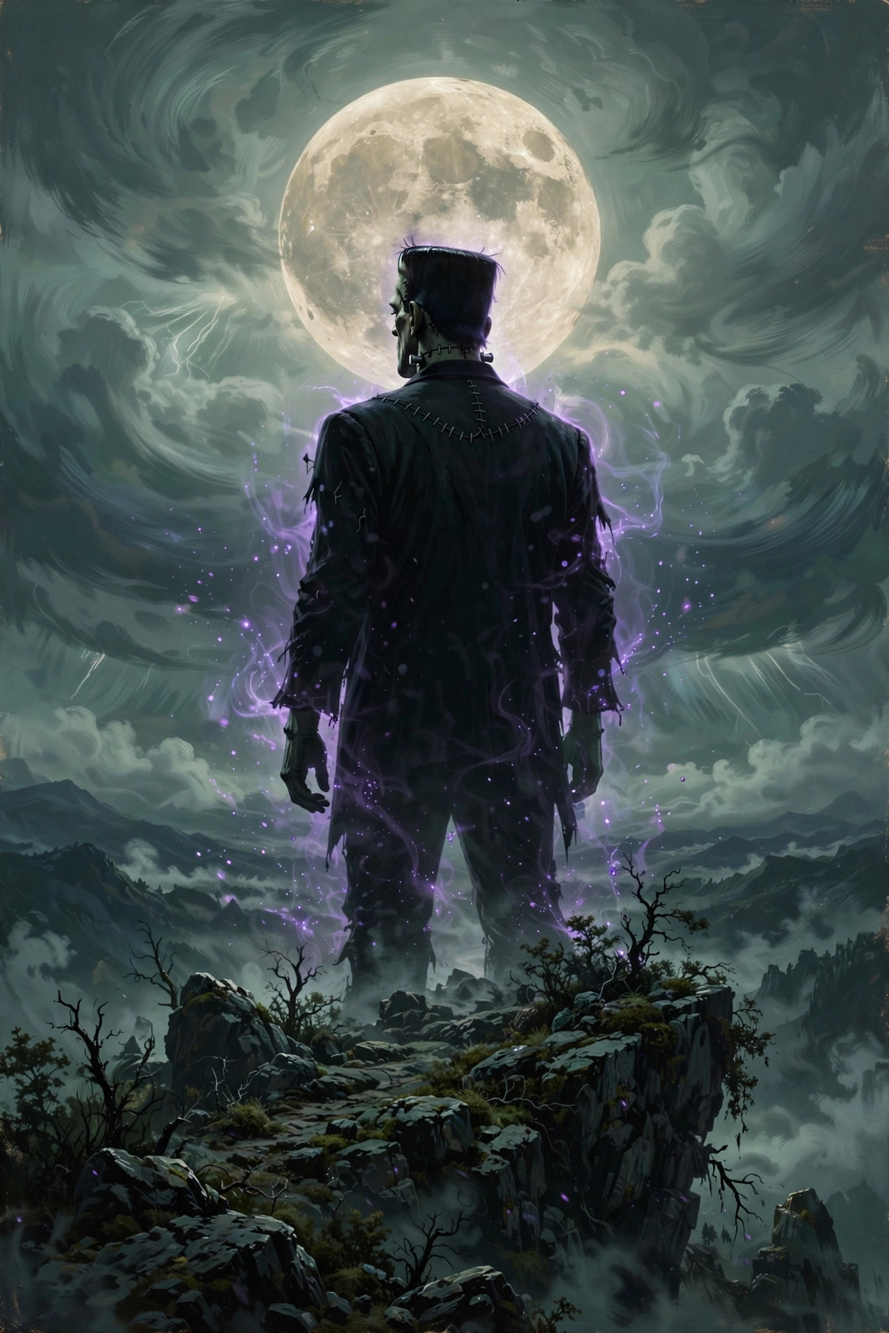 frankestein's silhouette on a cliff under a huge full moon