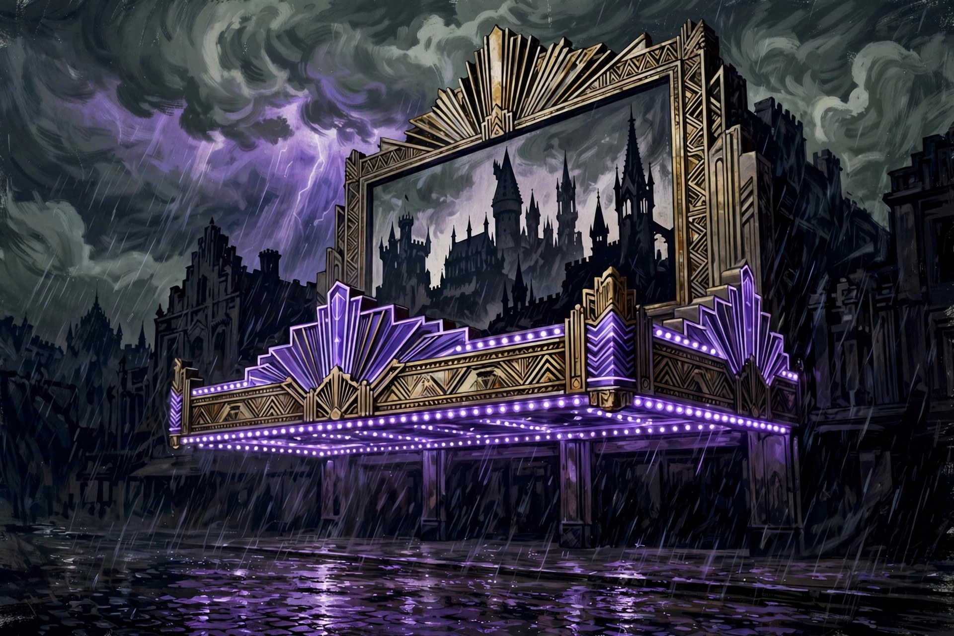 A vintage cinema marquee glowing in a storm before a gothic castle silhouette