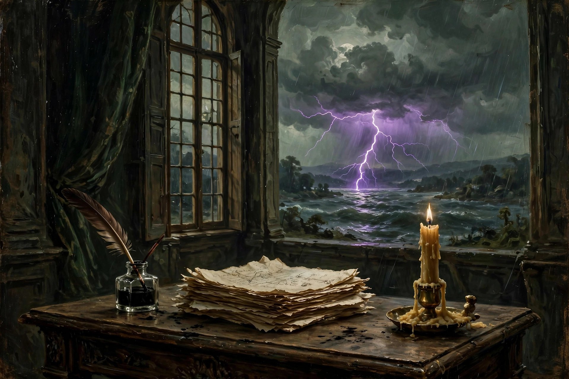 An 1816 writing desk with quill, manuscript pages and a storm over a lake