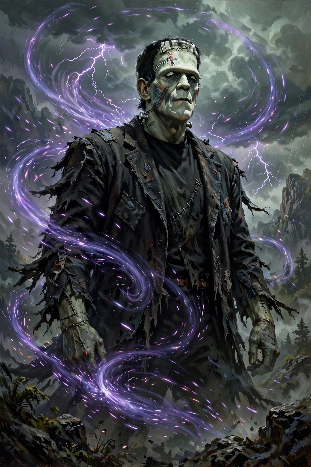 frankestein surrounded by violet sparks and storm clouds
