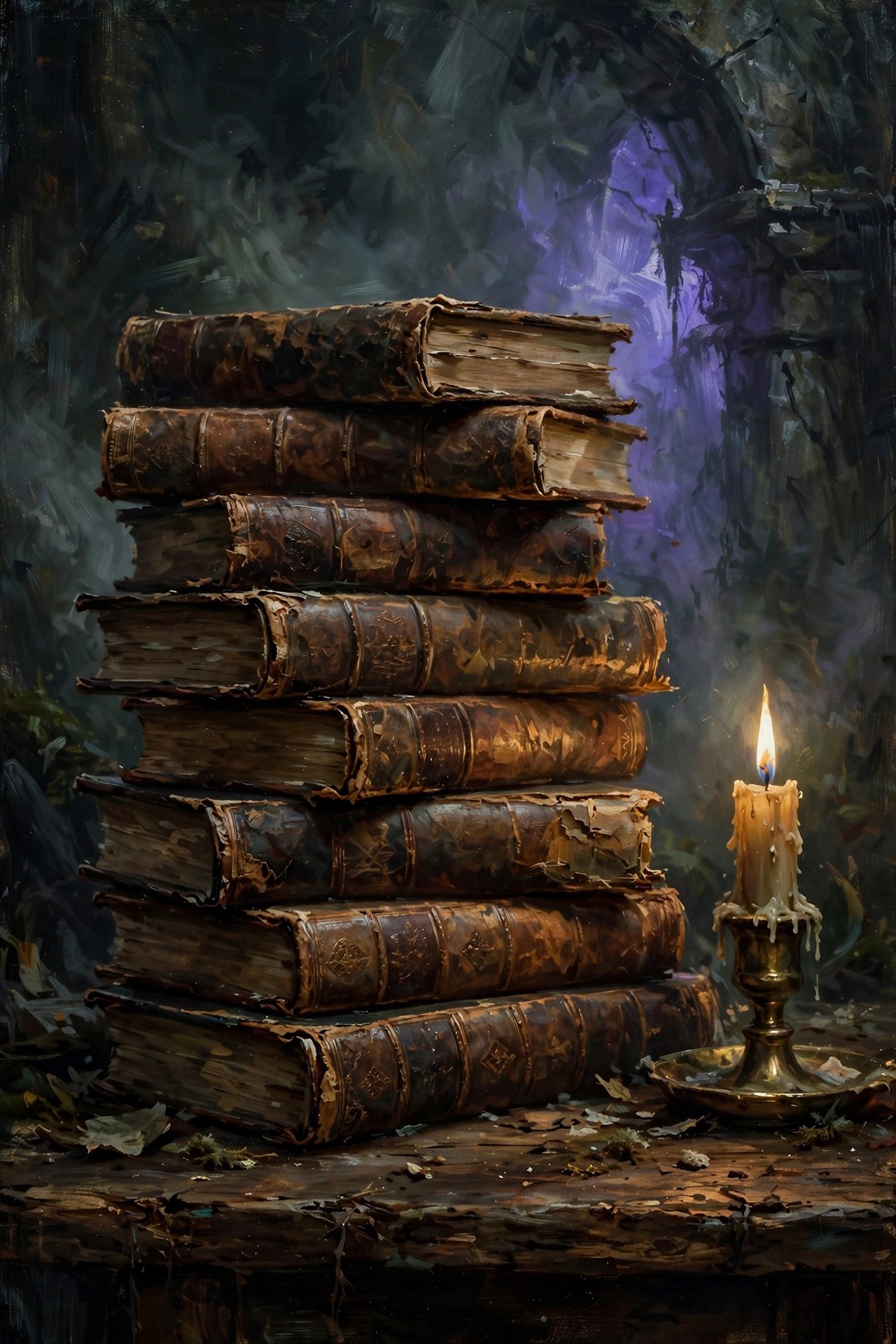 A stack of antique books with a lit candle