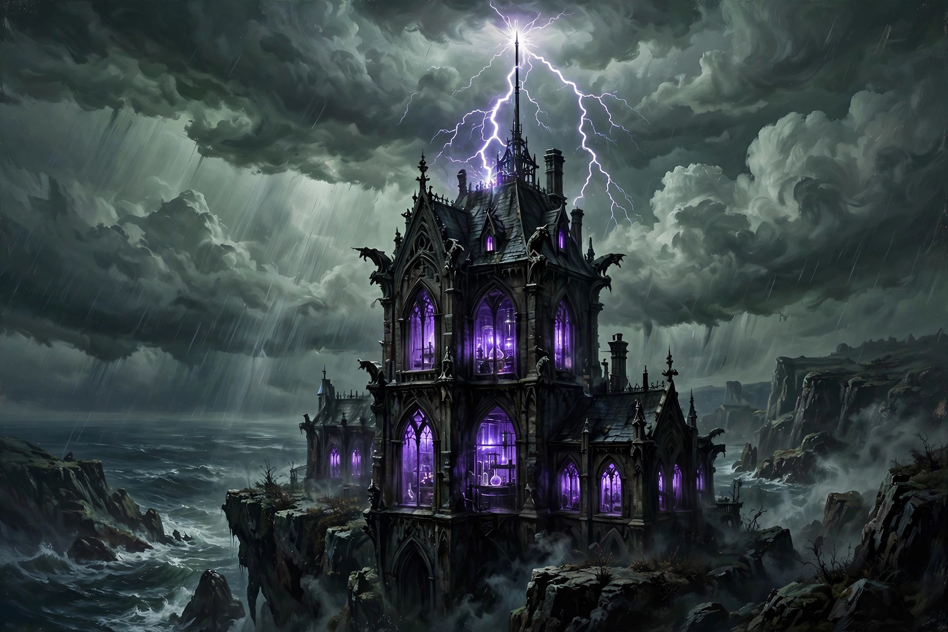 A gothic laboratory tower on a cliff during a thunderstorm, lightning striking the roof rod