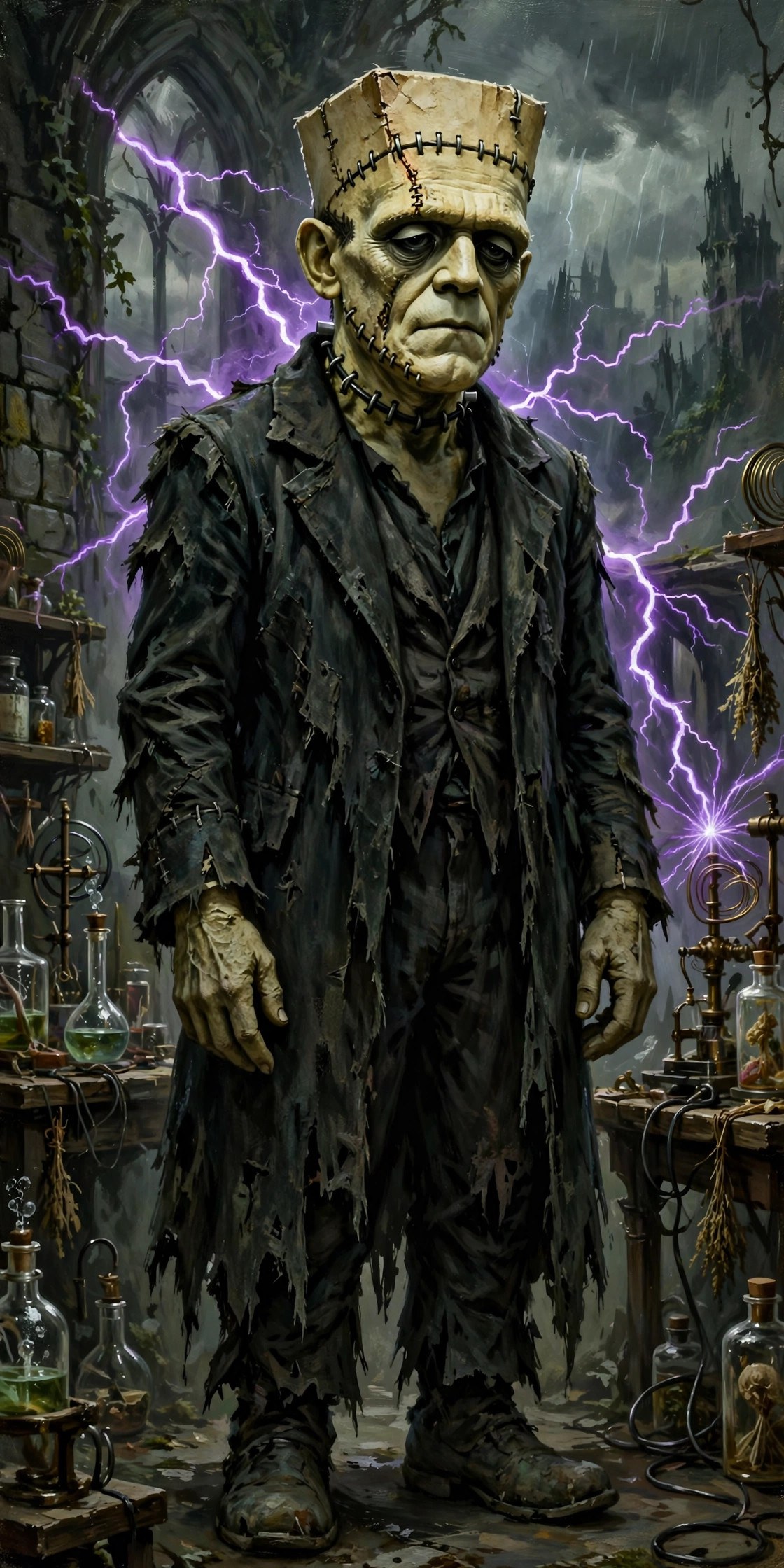 Full-body character art of frankestein in the storm-lit laboratory
