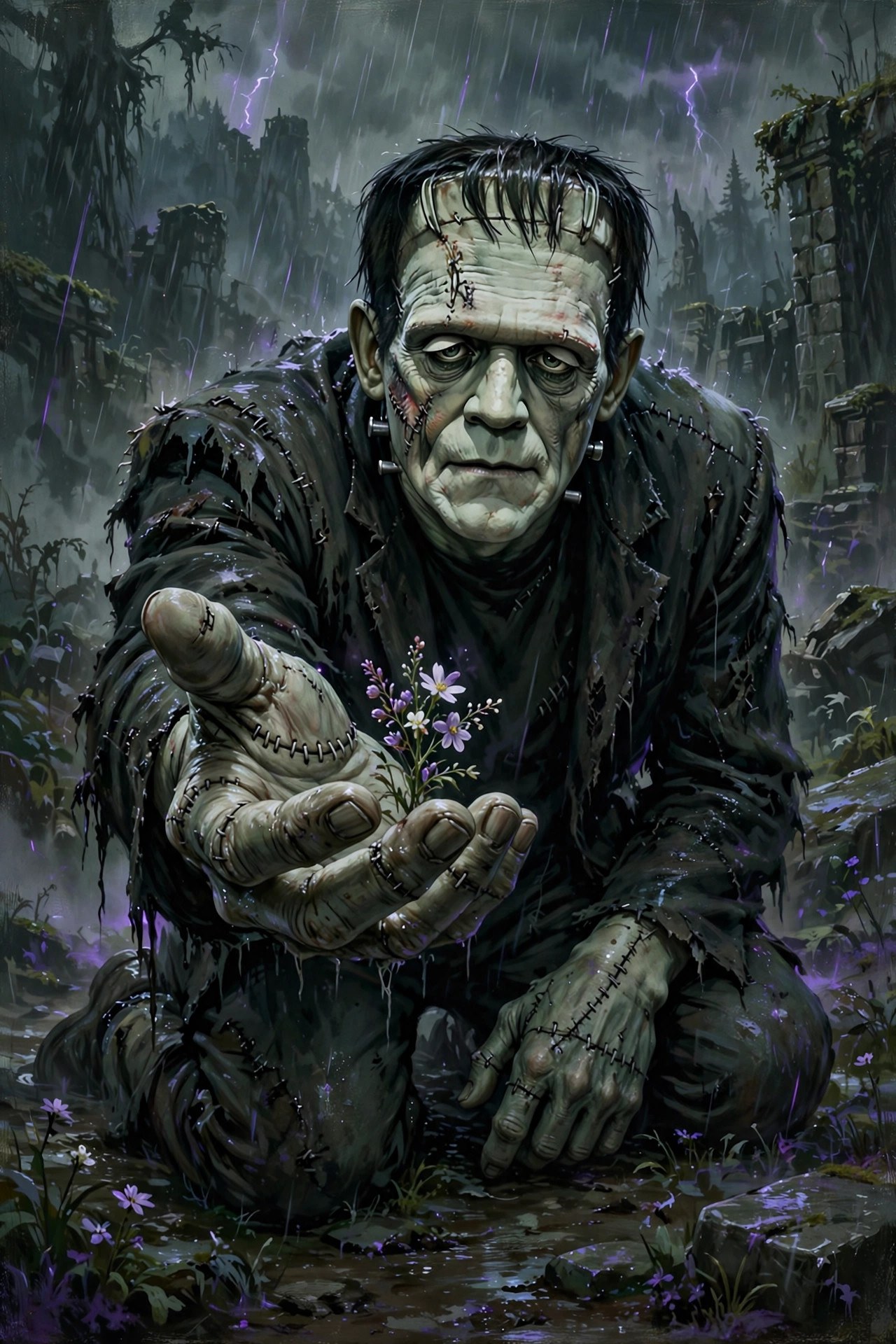 frankestein kneeling in the rain, offering a wildflower with an enormous stitched hand