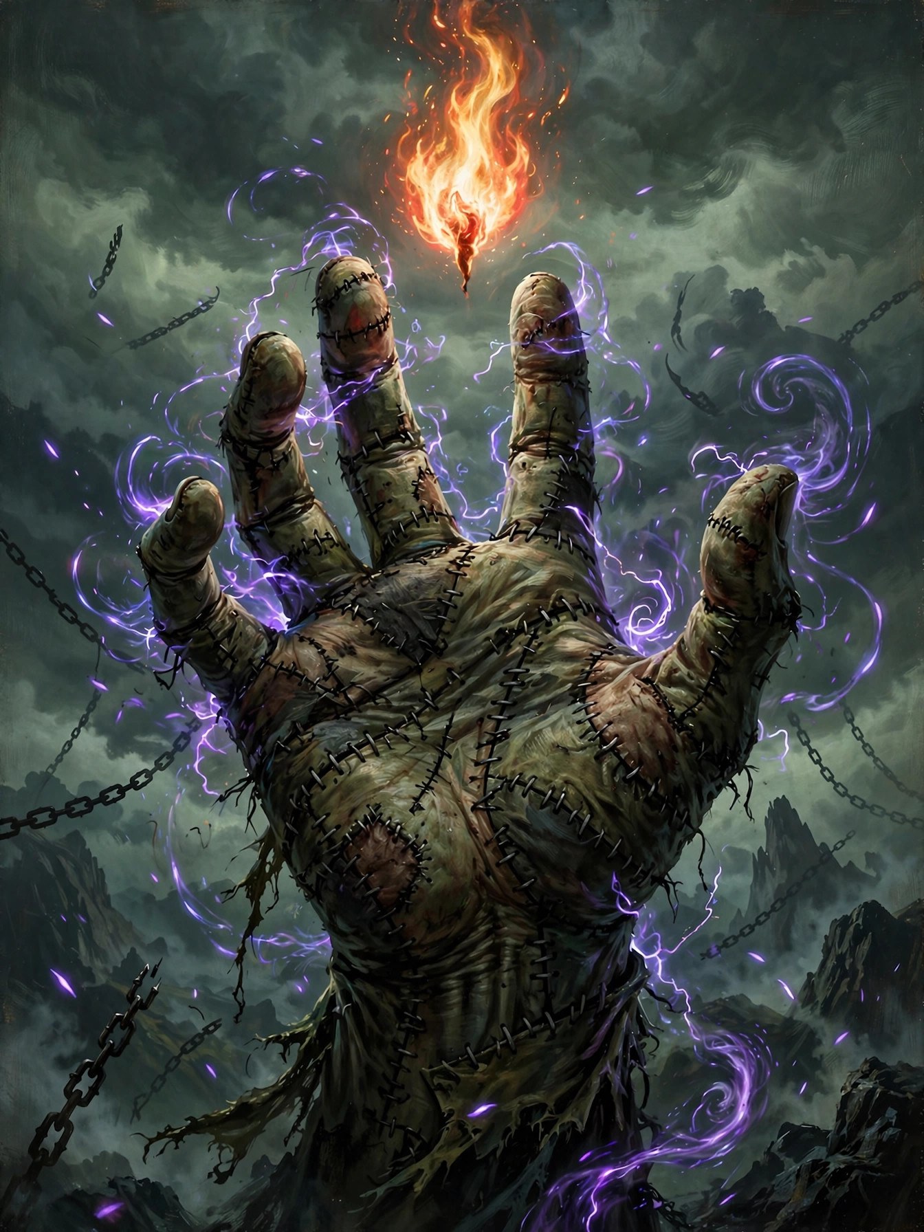 A giant stitched hand reaching toward a flame against a stormy sky